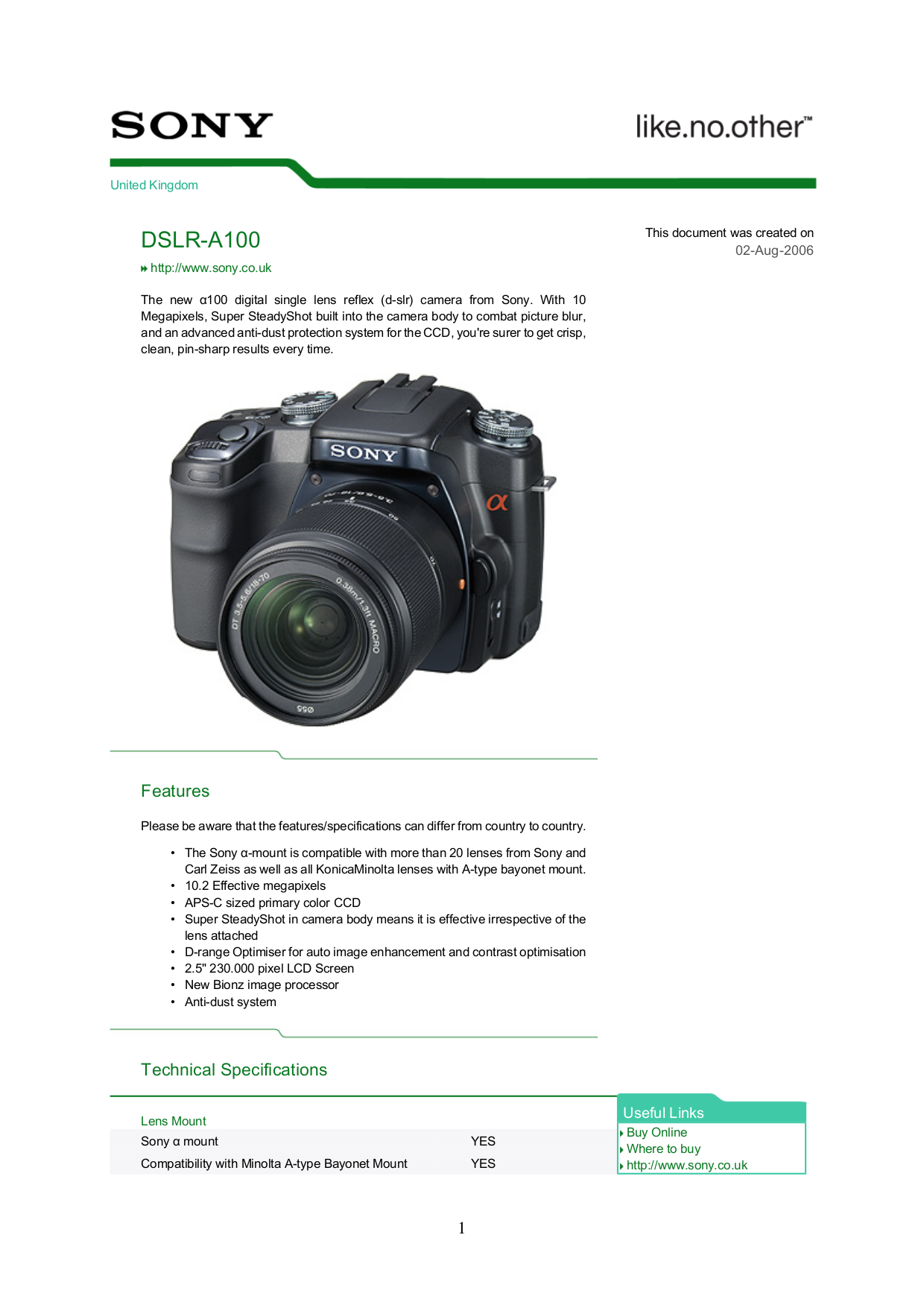 Download free pdf for Sony DSLRA100 Digital Camera manual