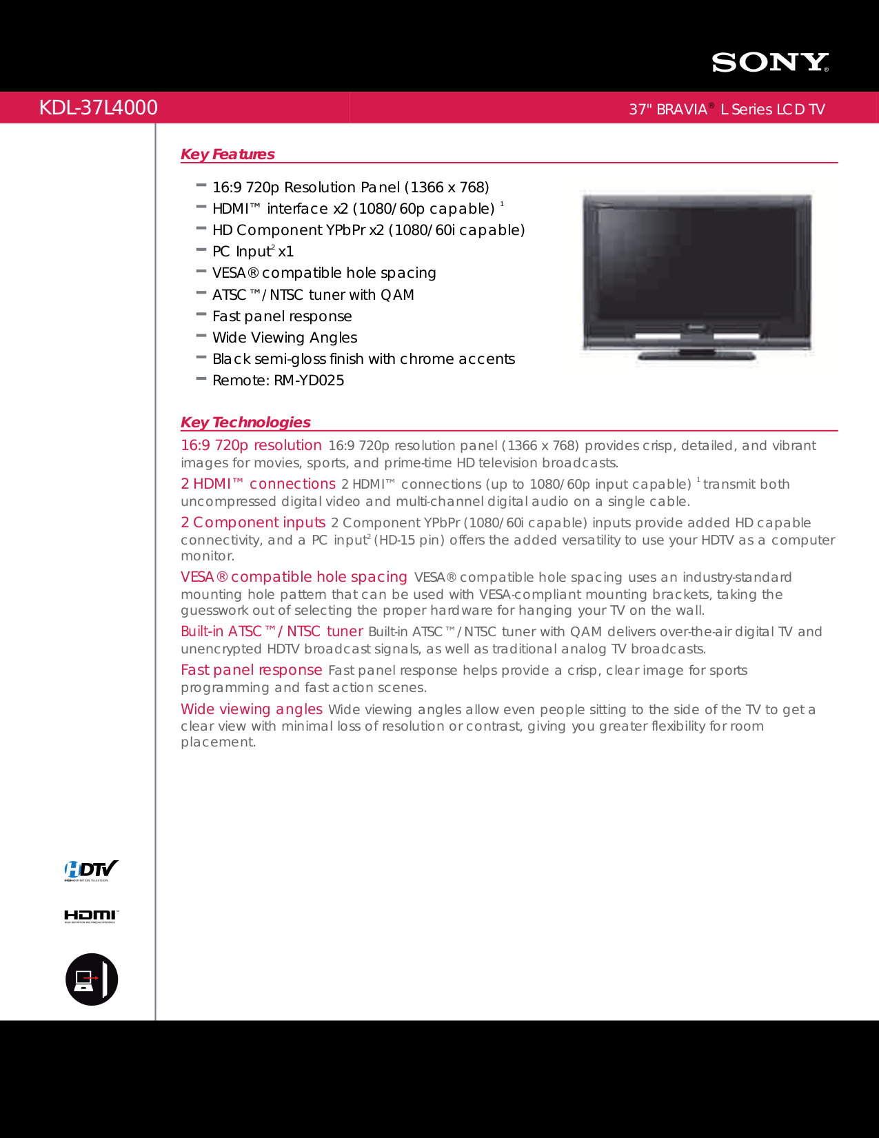 Download free pdf for Sony BRAVIA KDL37L4000 TV manual
