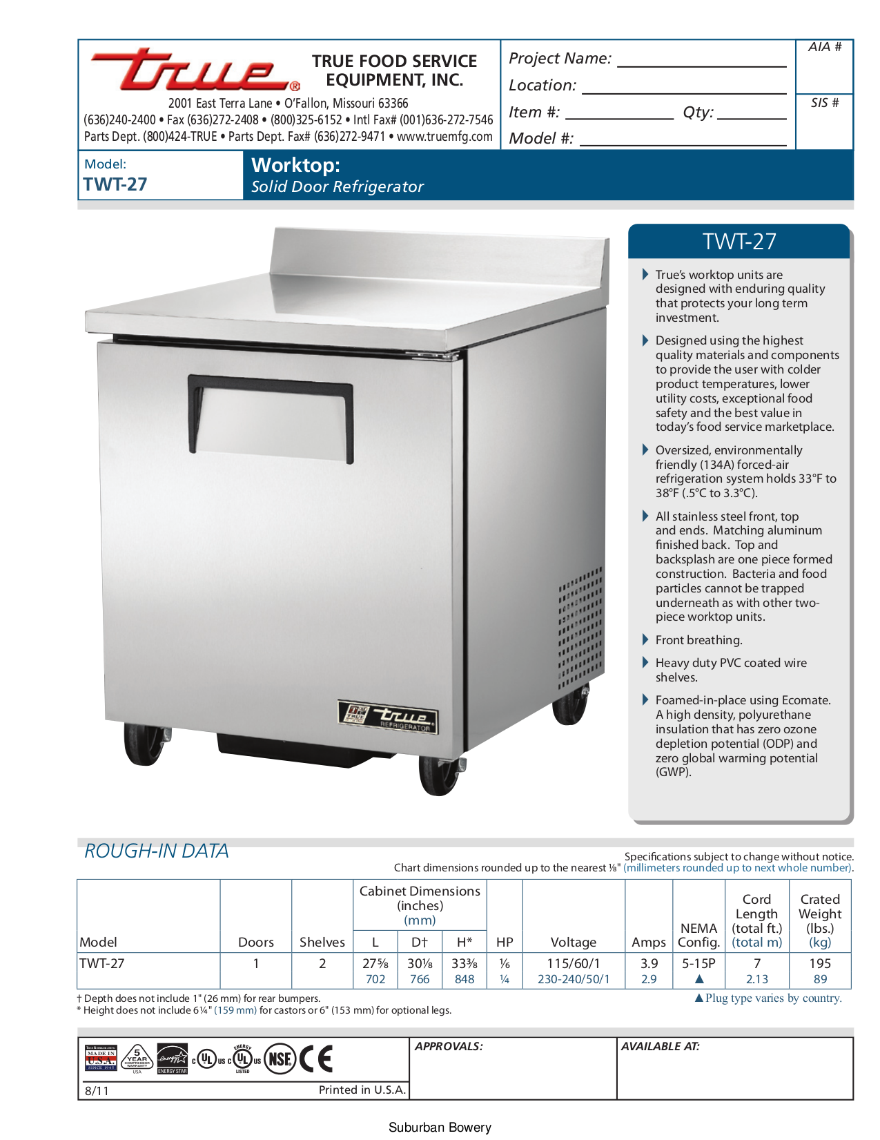 pdf for True Other TWT-27 Worktops manual