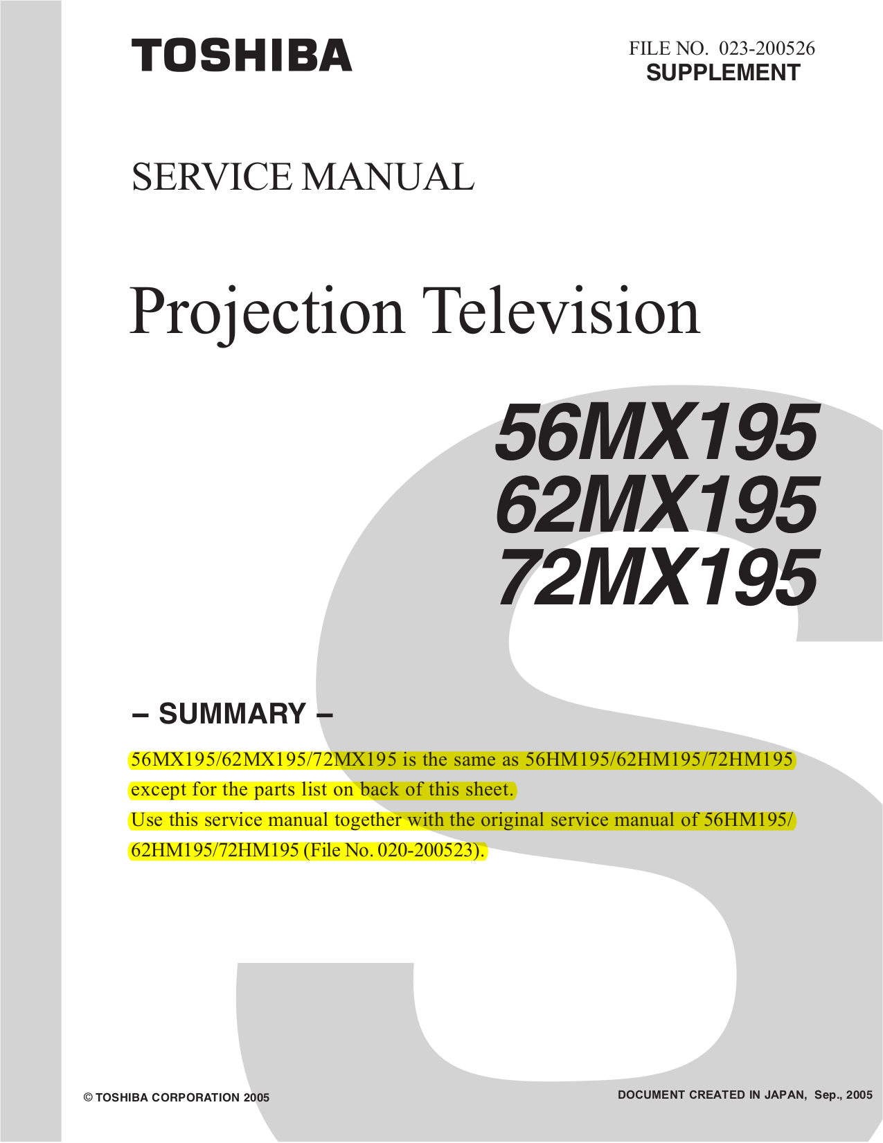 pdf for Toshiba TV 56HM195 manual