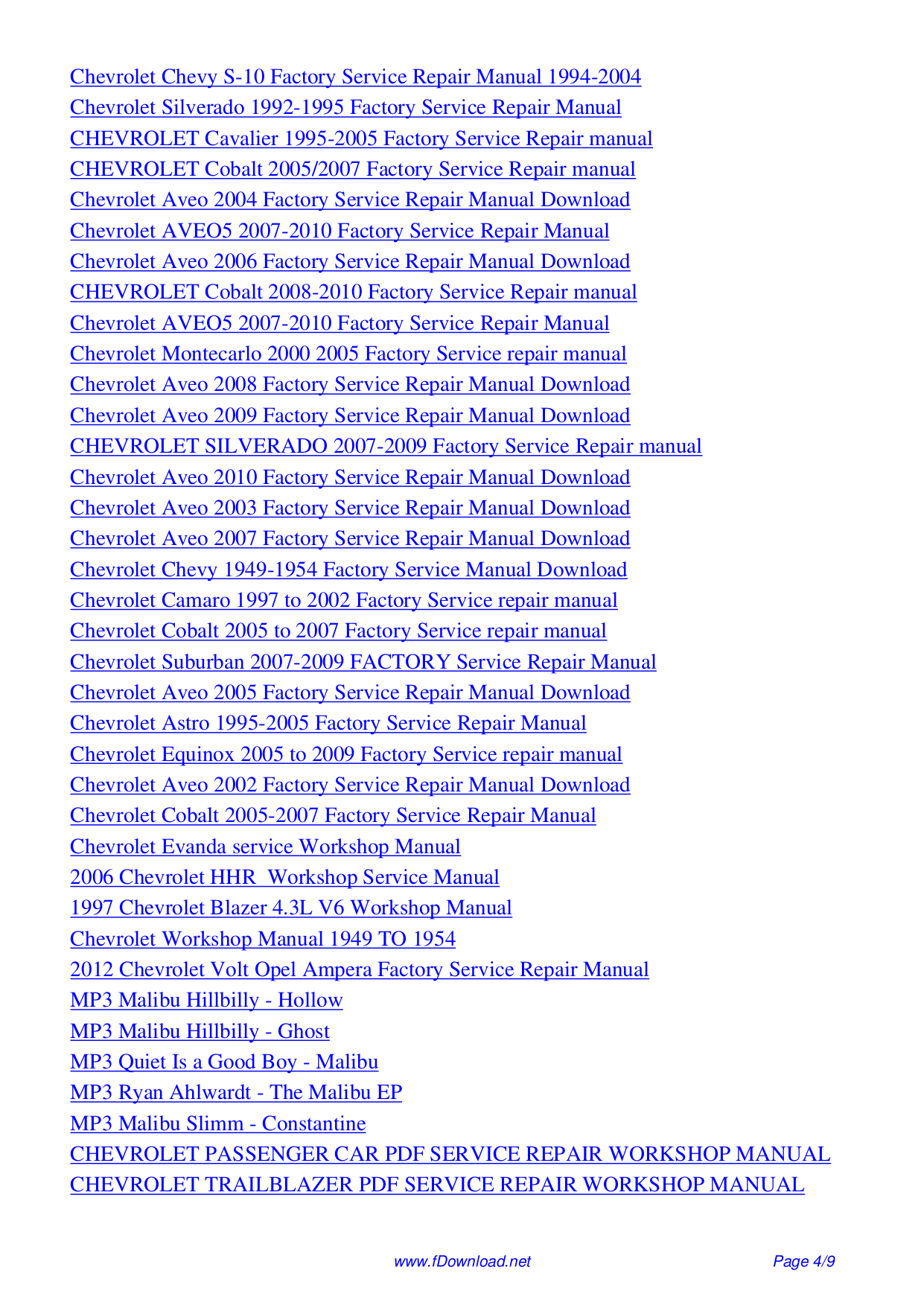 Chevy Cobalt 20052007 Factory Service Workshop Repair Manual