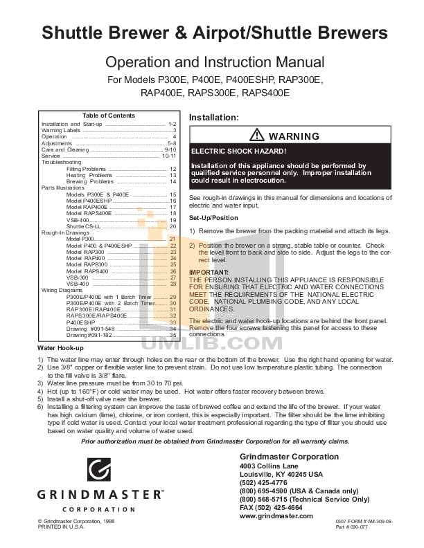 Download free pdf for Grindmaster P400E Coffee Maker manual
