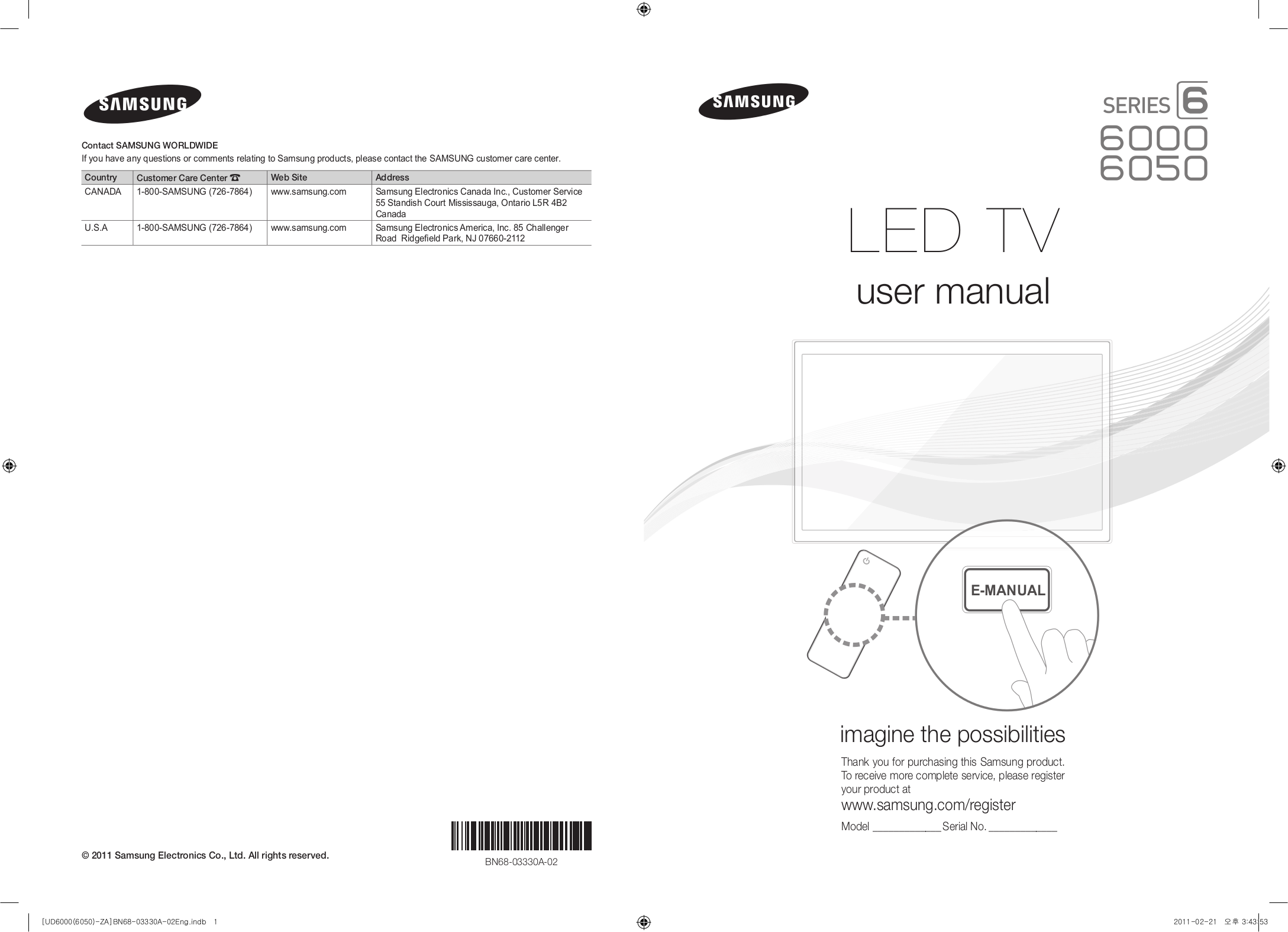 Download free pdf for Samsung UN55D6050 TV manual