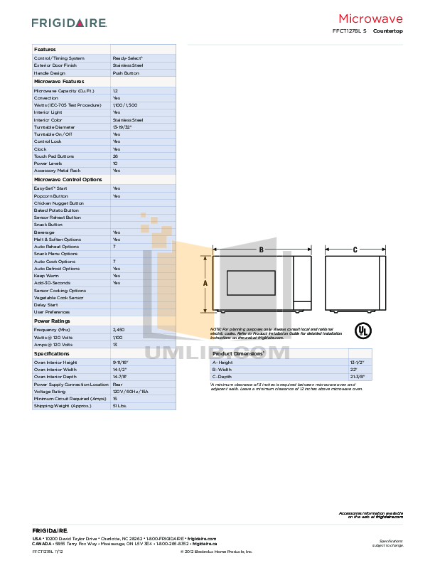 PDF manual for Frigidaire Microwave FFCT1278LS