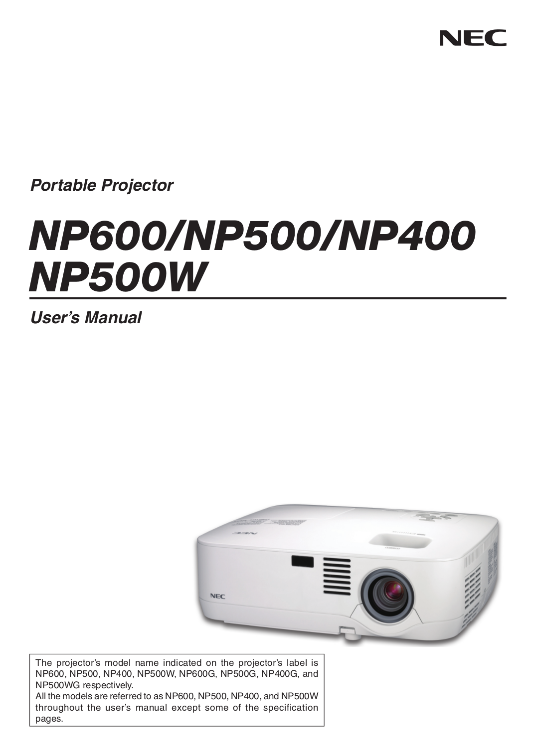 pdf for NEC Projector NP500 manual