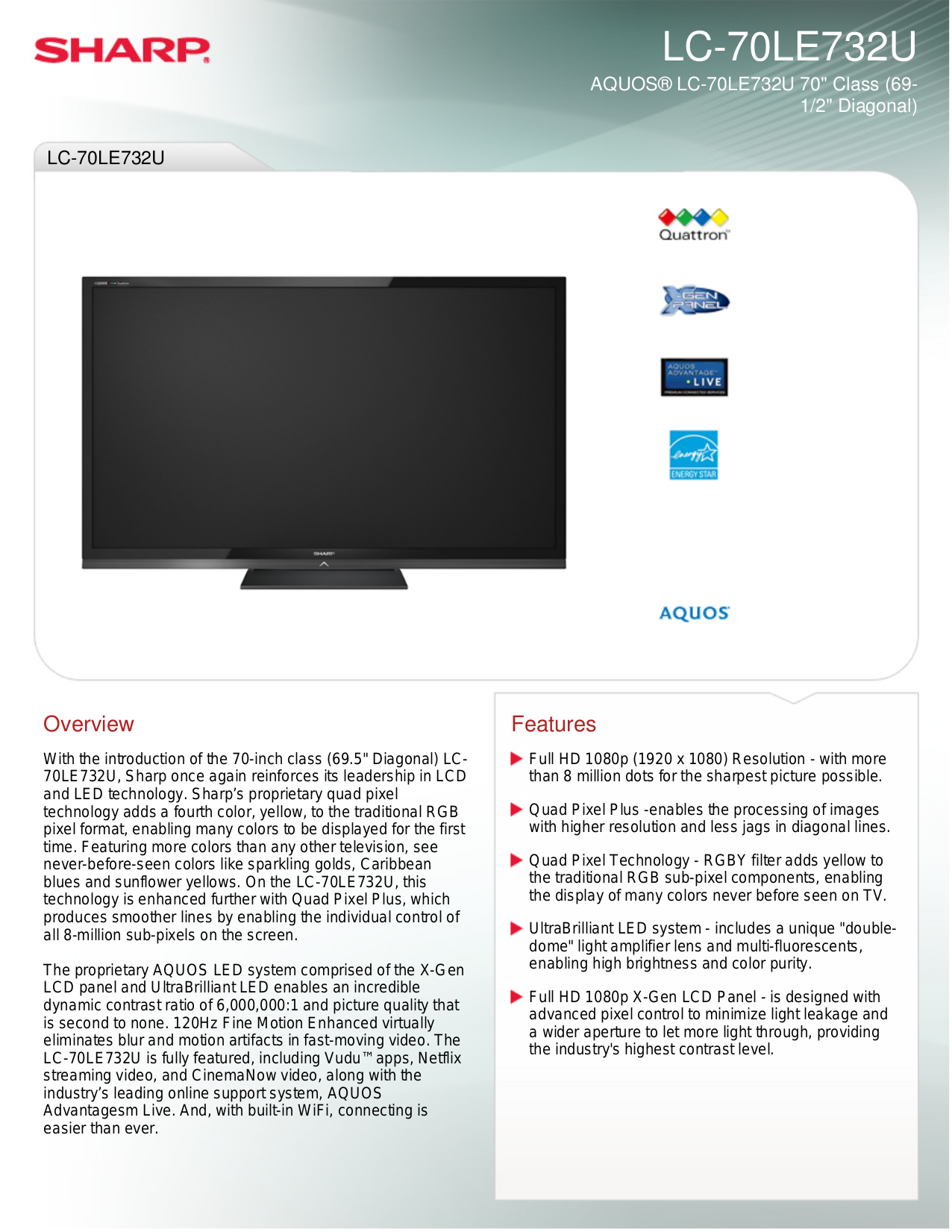 pdf for Sharp TV AQUOS LC-70LE732U manual