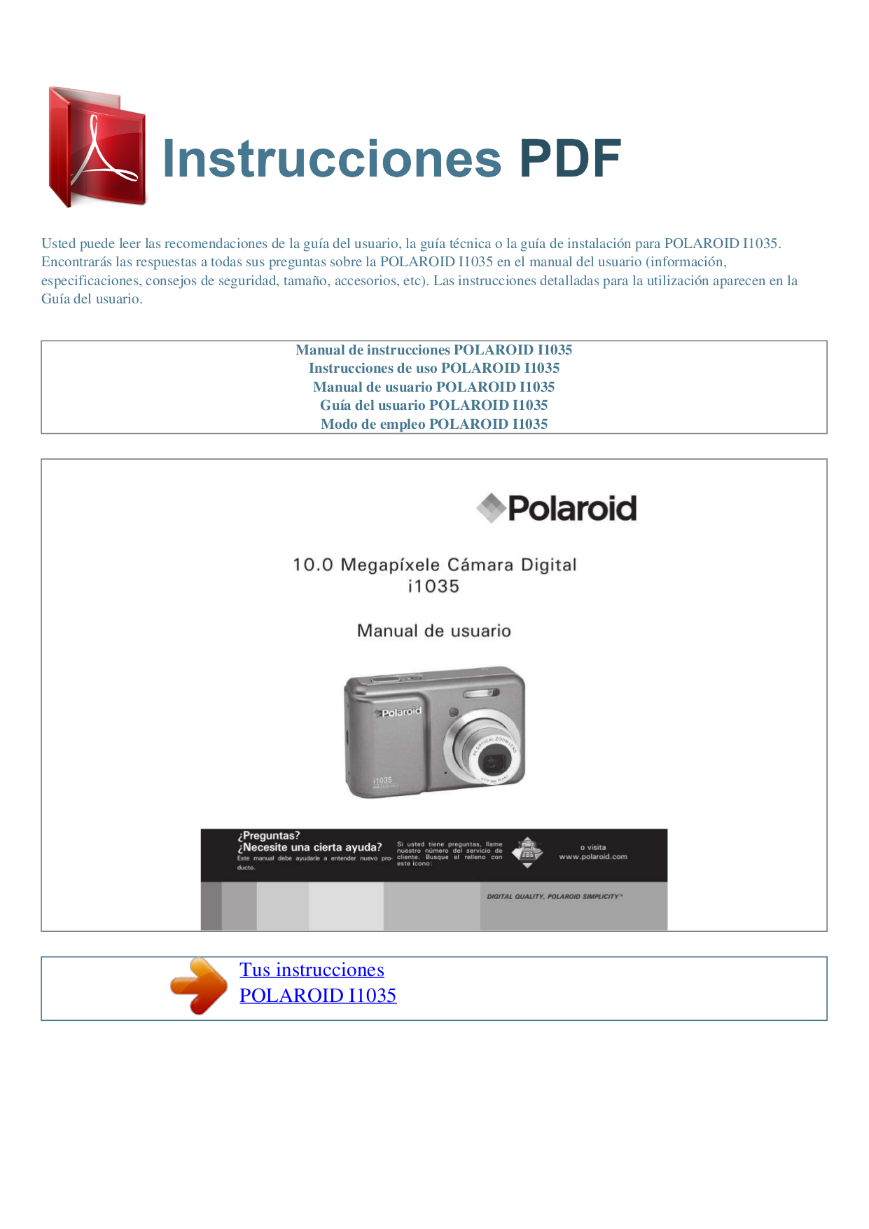 pdf for Polaroid Digital Camera i1035 manual