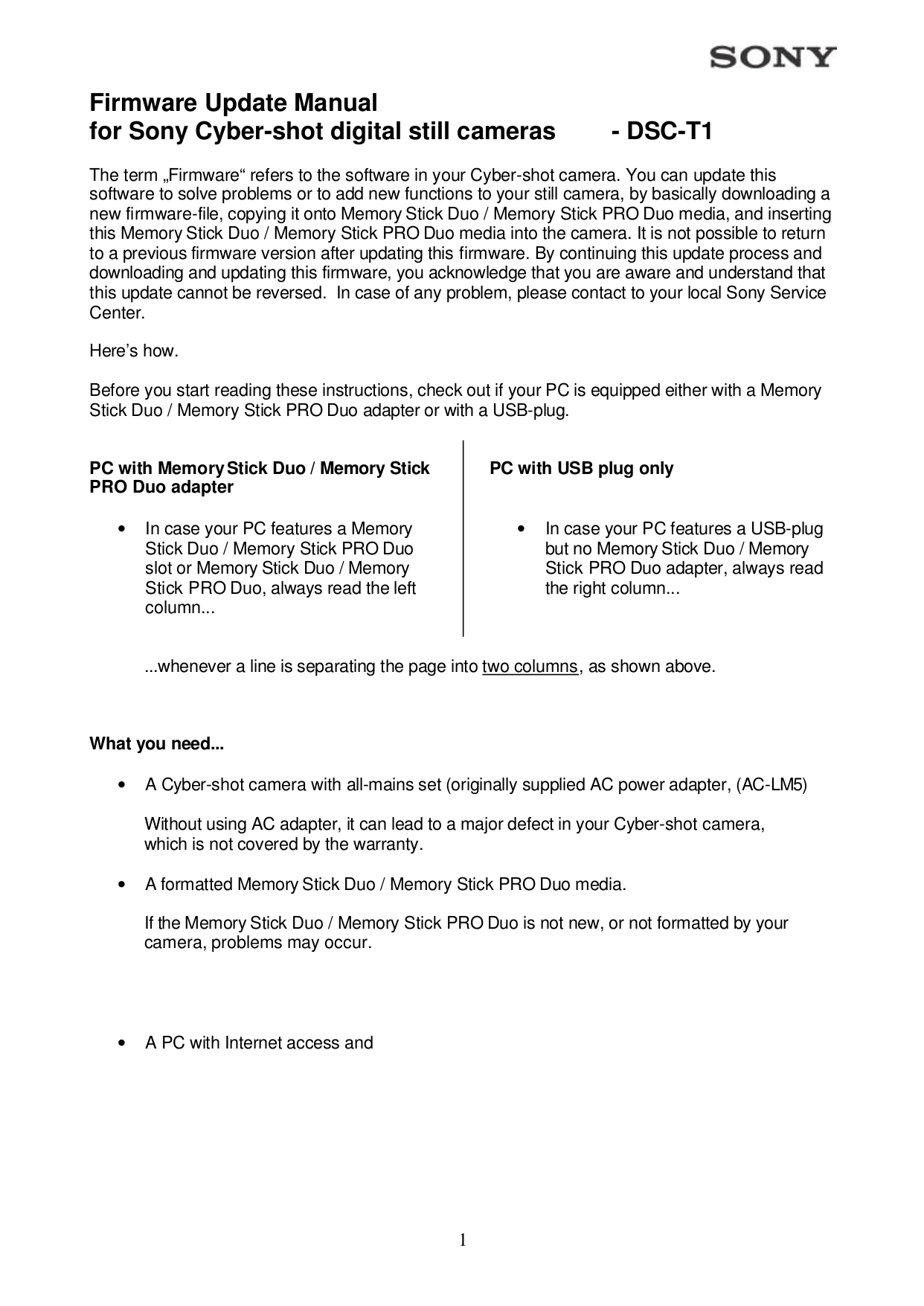 pdf for Sony Digital Camera Cybershot,Cyber-shot DSC-T1 manual