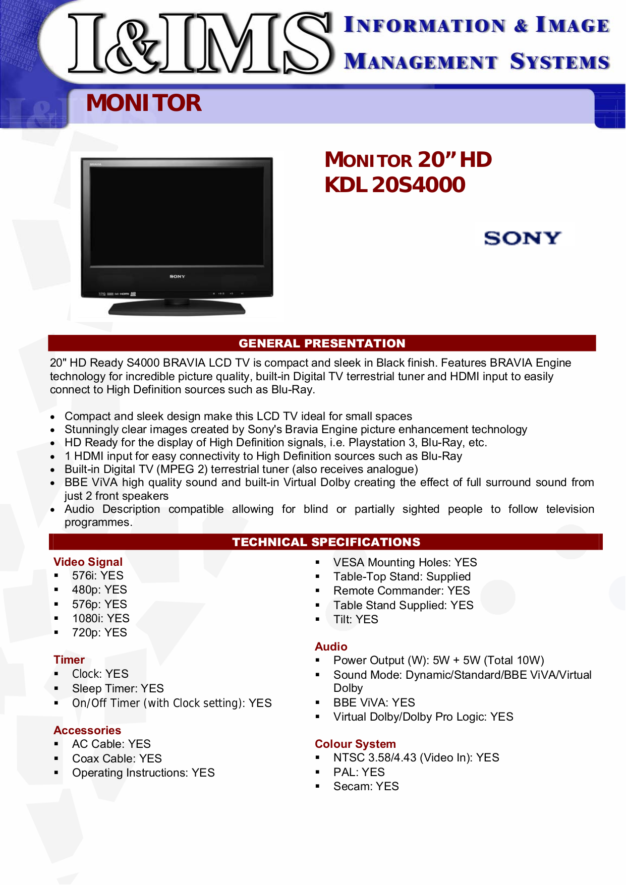 Download free pdf for Sony BRAVIA KDL20S4000 TV manual