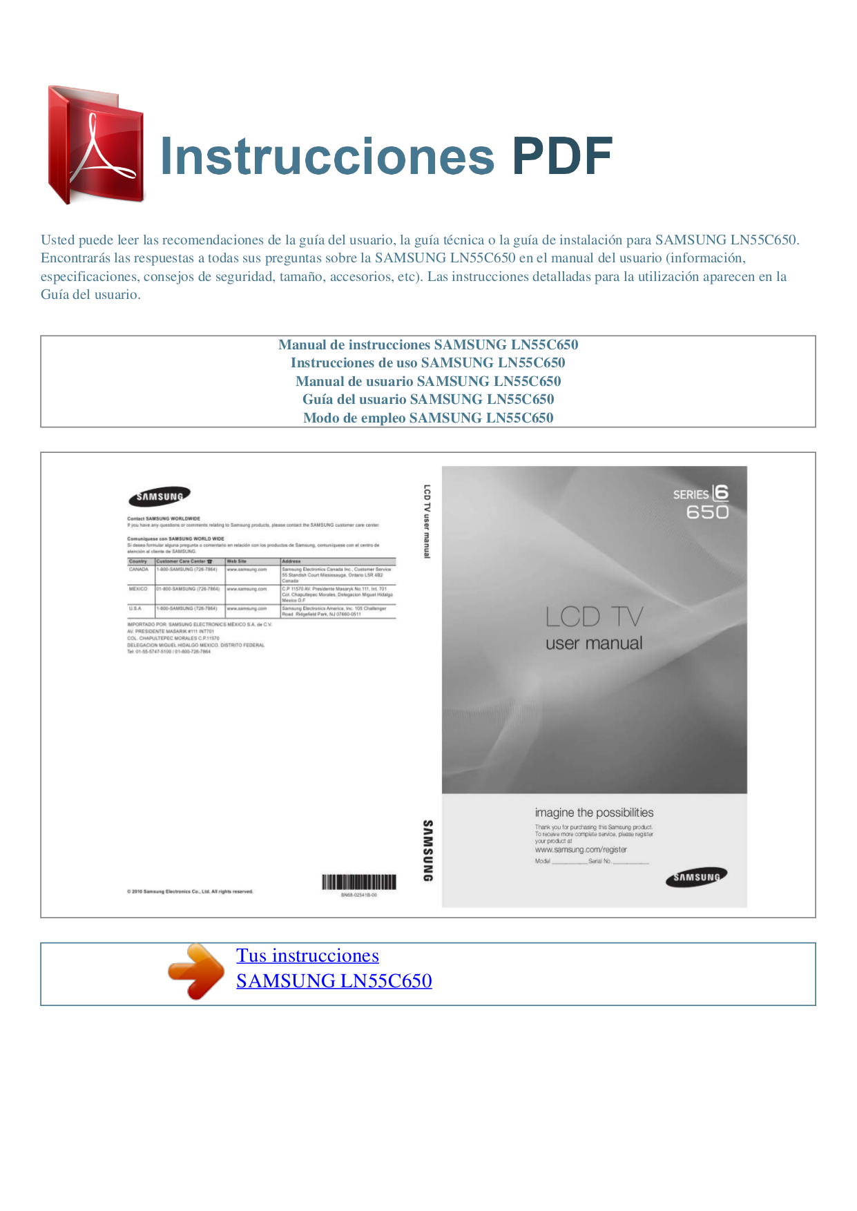 pdf for Samsung TV LN55C650 manual