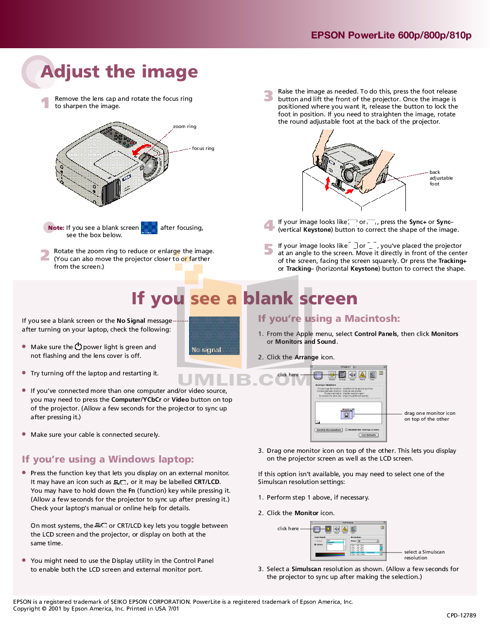 PDF manual for Epson Projector PowerLite 800p