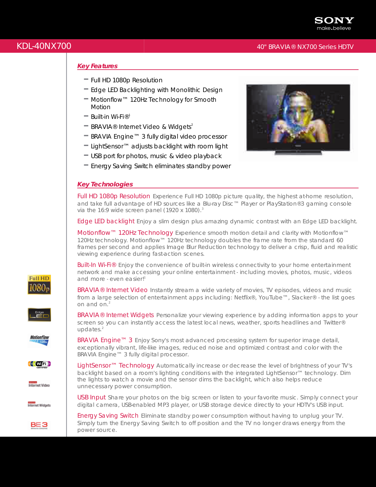 pdf for Sony TV BRAVIA KDL-40NX700 manual