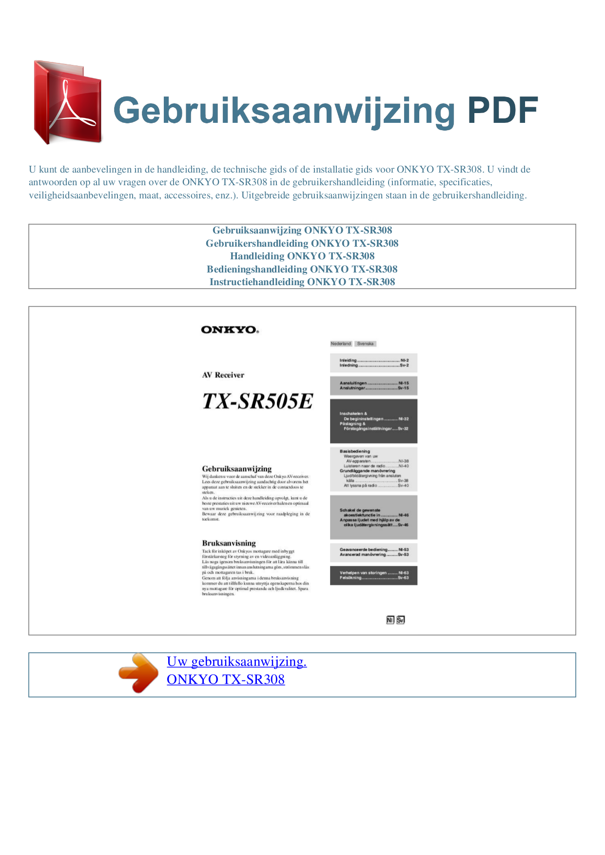 pdf for Onkyo Receiver TX-SR308 manual