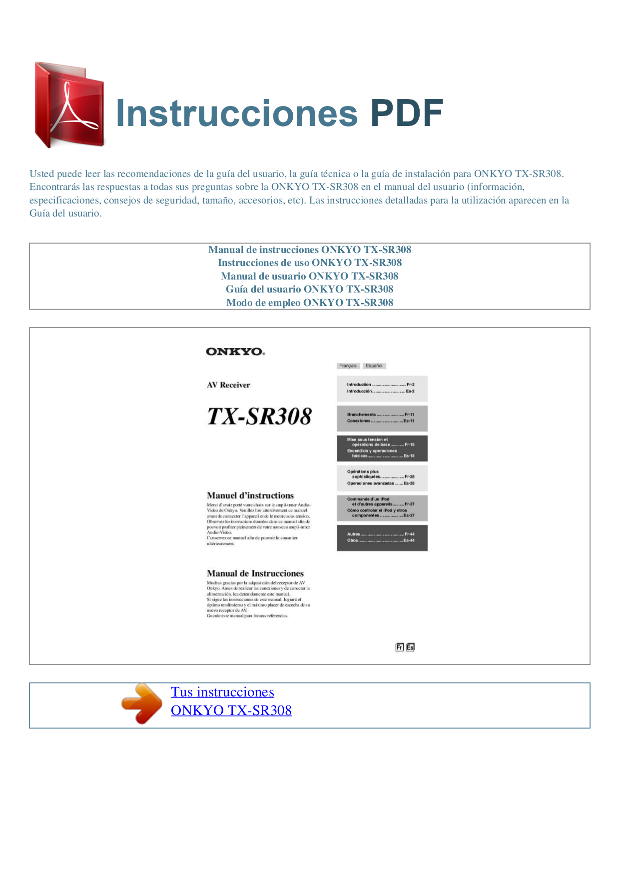 pdf for Onkyo Receiver TX-SR308 manual