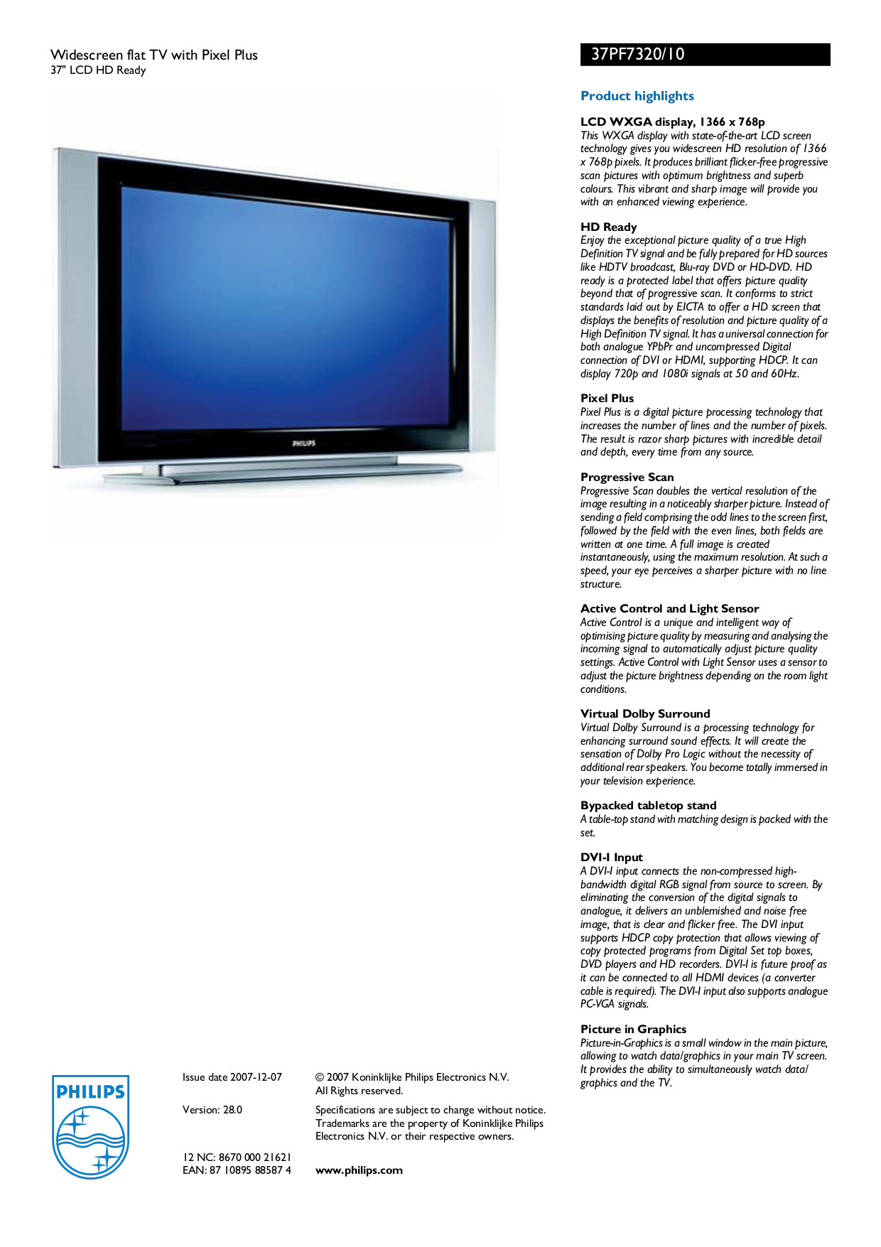 ... Philips TV 37PF7320 pdf page preview