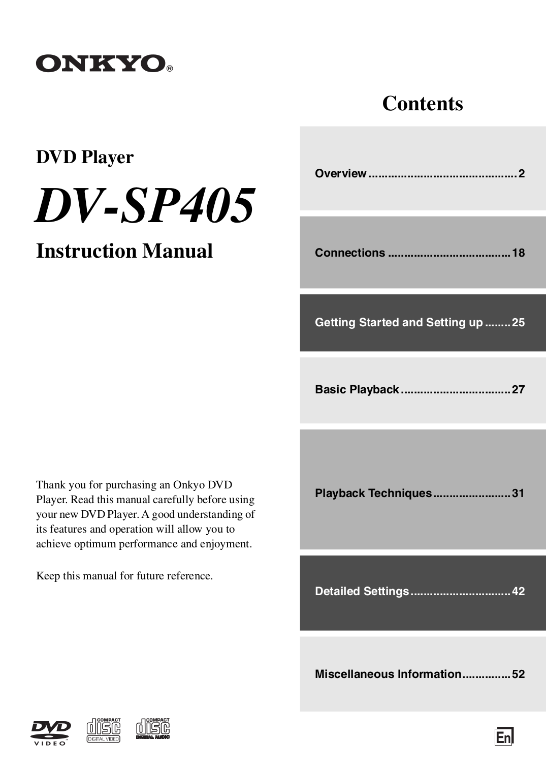 pdf for Onkyo DVD Players DV-SP405 manual