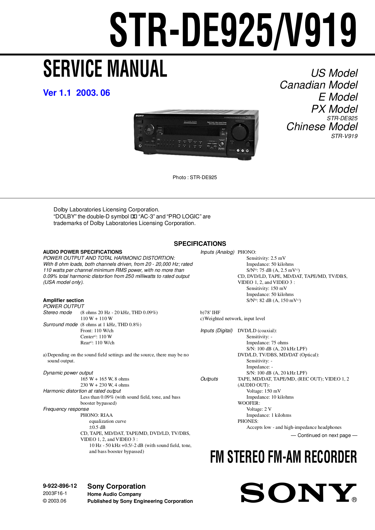Sony Receiver STR-DE925 pdf page preview ...