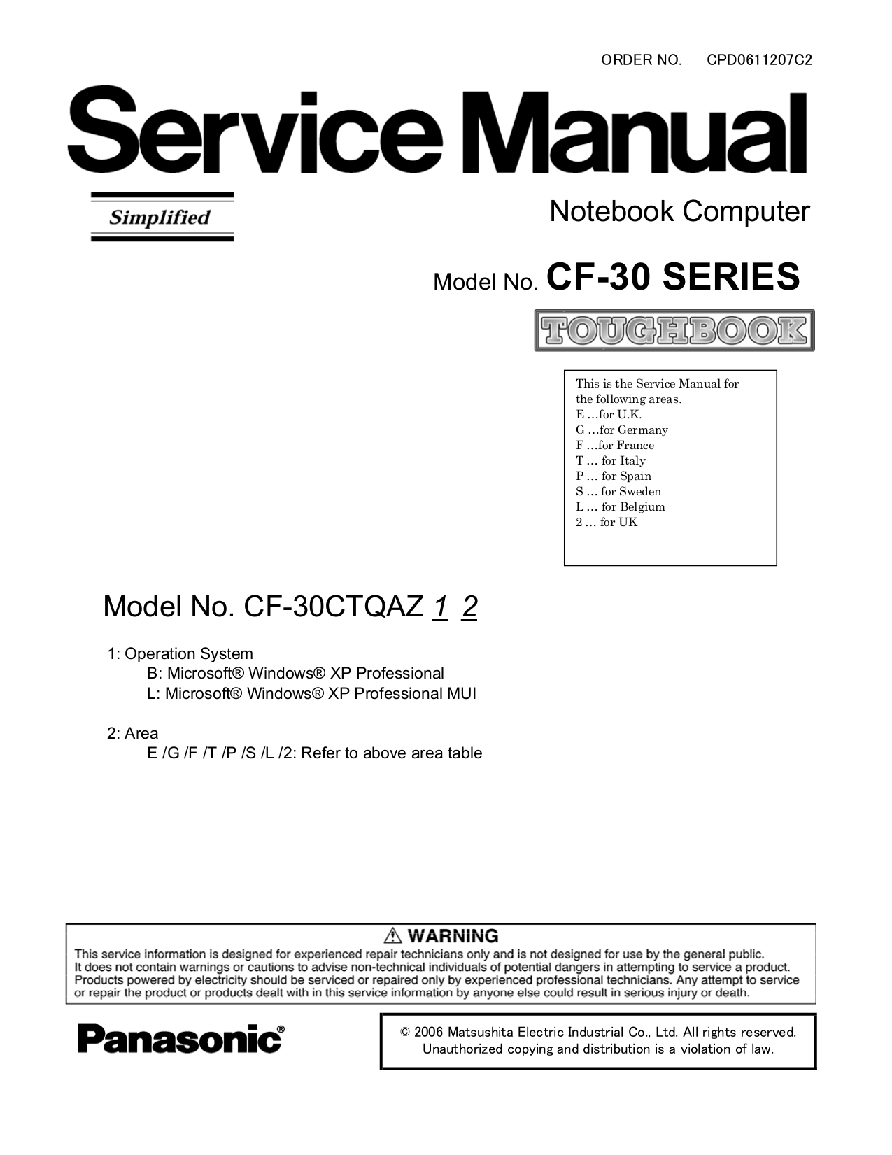 pdf for Panasonic Laptop Toughbook CF-30CAQAZBM manual