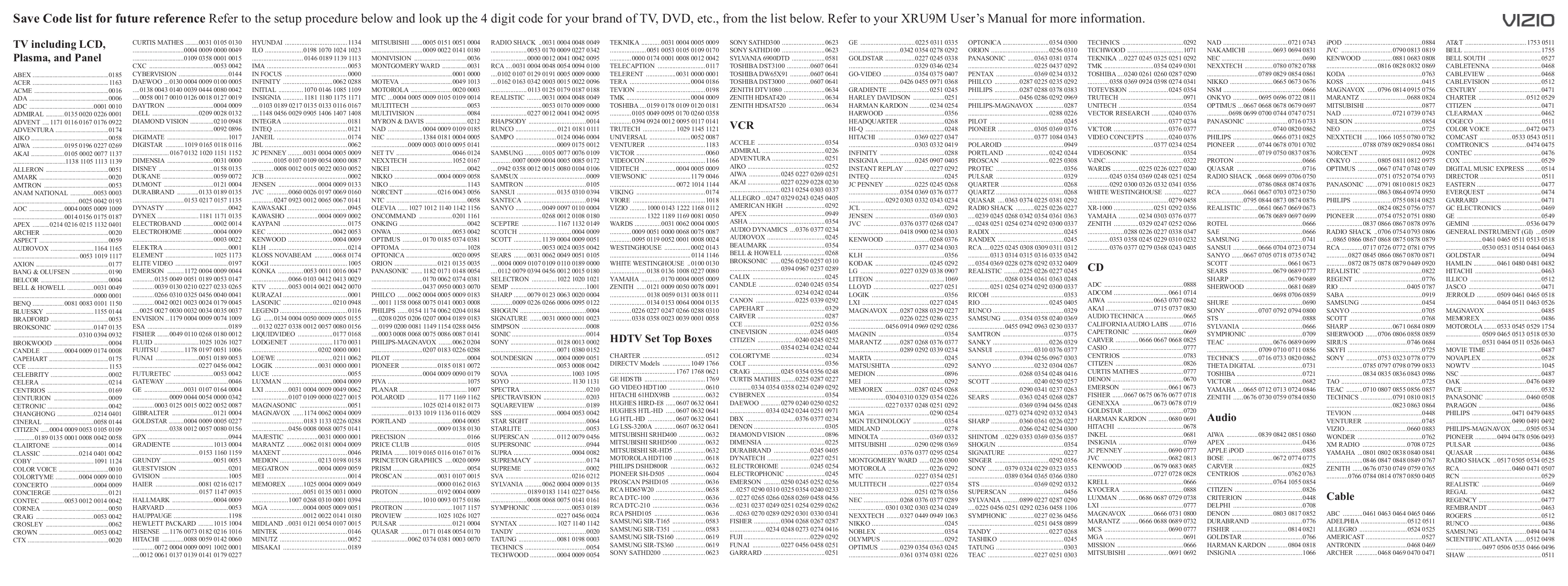 rca remote control codes