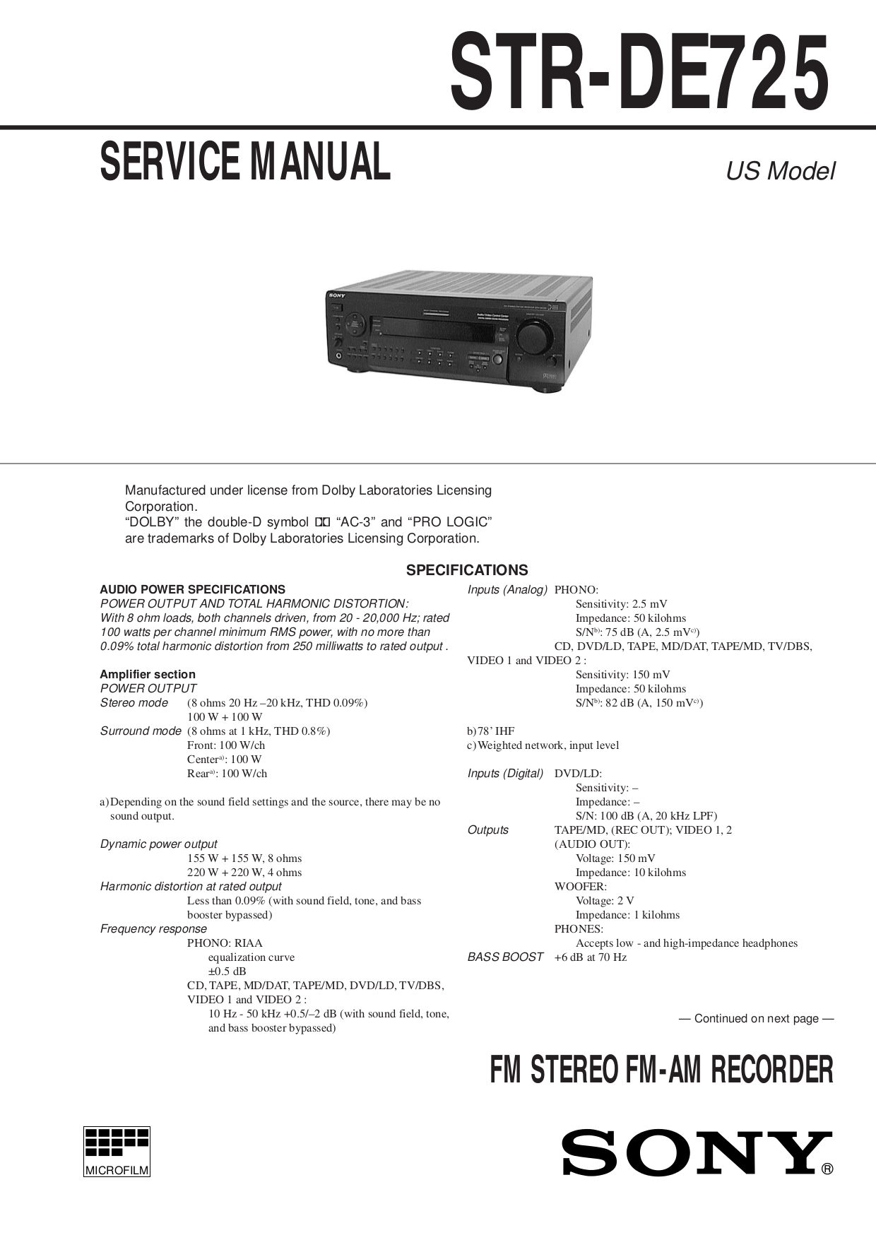 Sony Receiver STR-DE725 pdf page preview ...