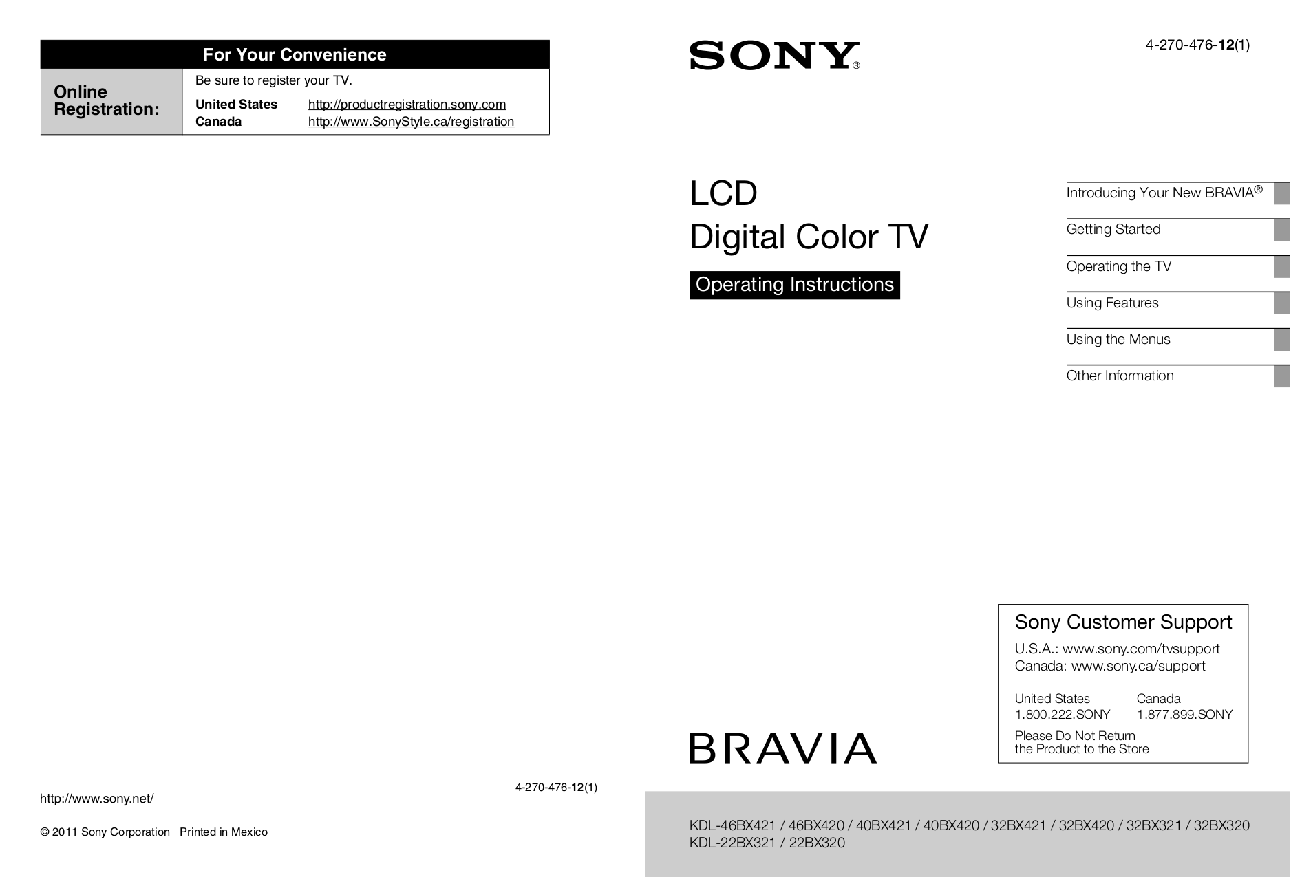 pdf for Sony LCD TV BRAVIA KDL-46BX420 manual