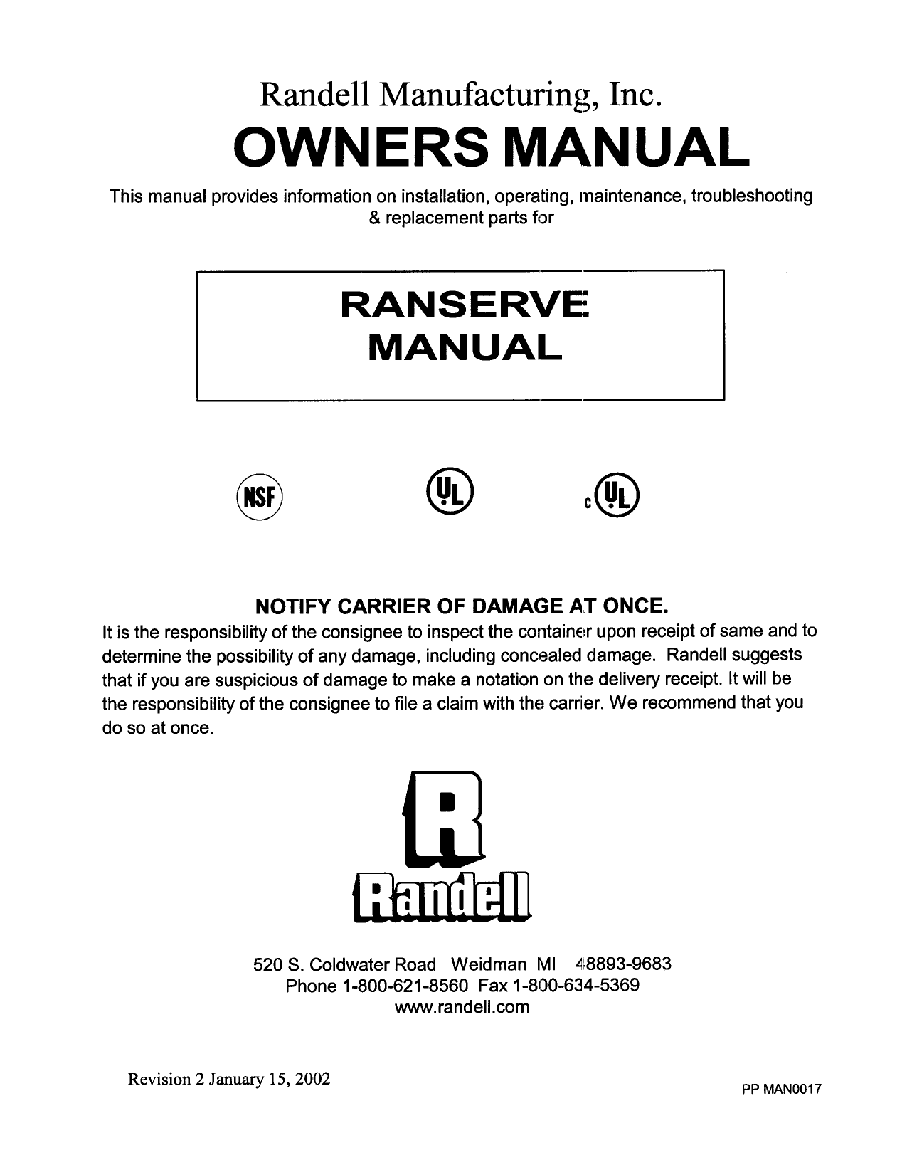pdf for Randell Refrigerator RAN SCA-5 manual