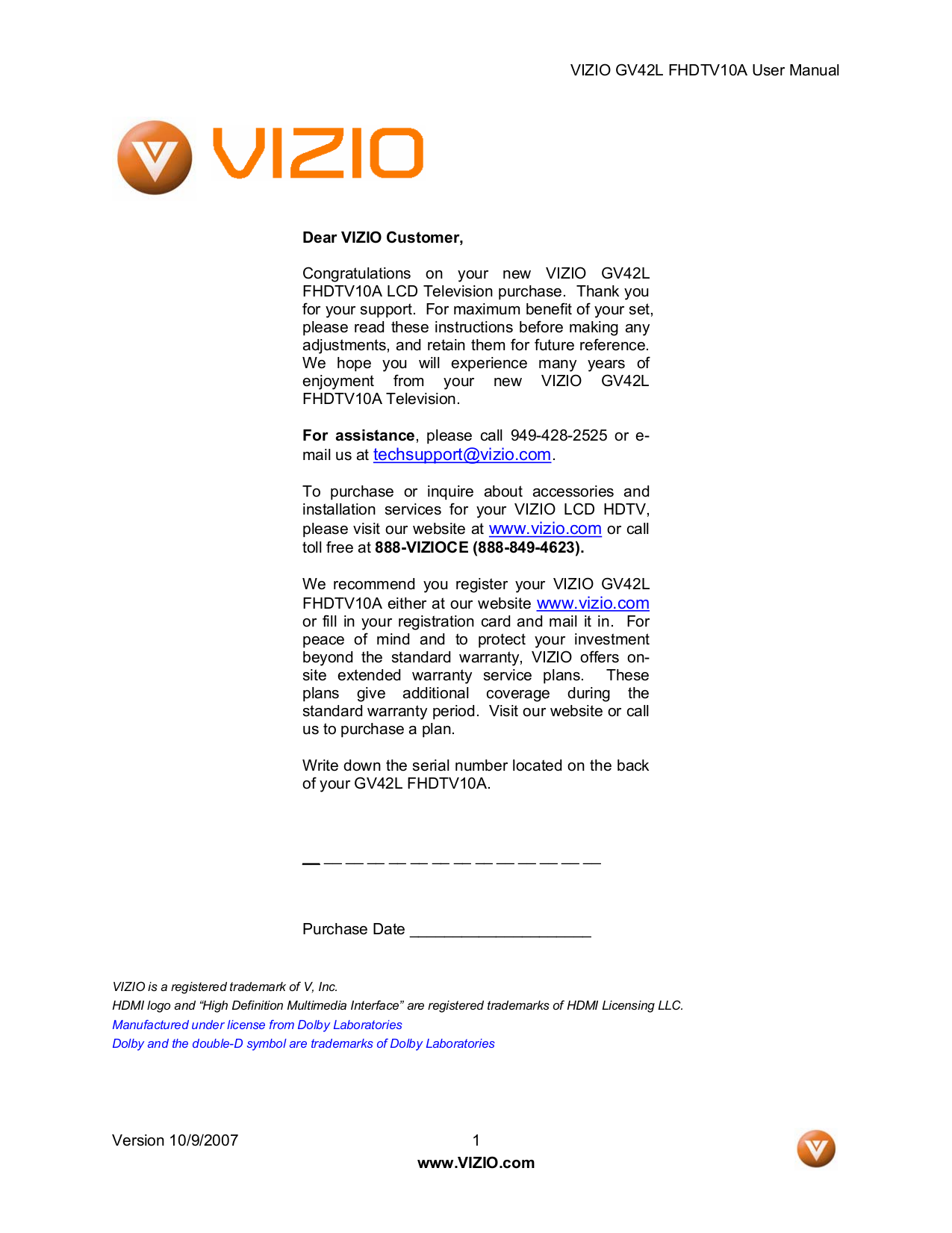 pdf for Vizio TV GV42L manual