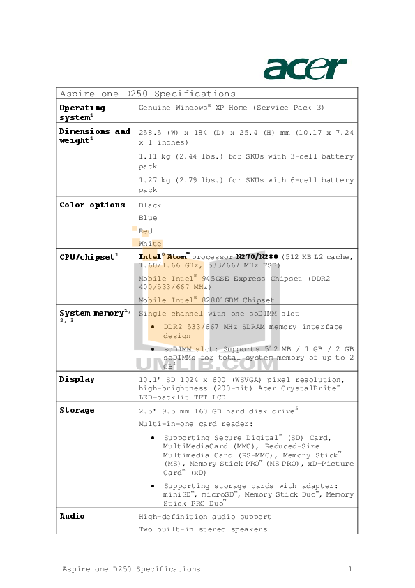 Download Free Pdf For Acer Aspire One D250 Laptop Manual