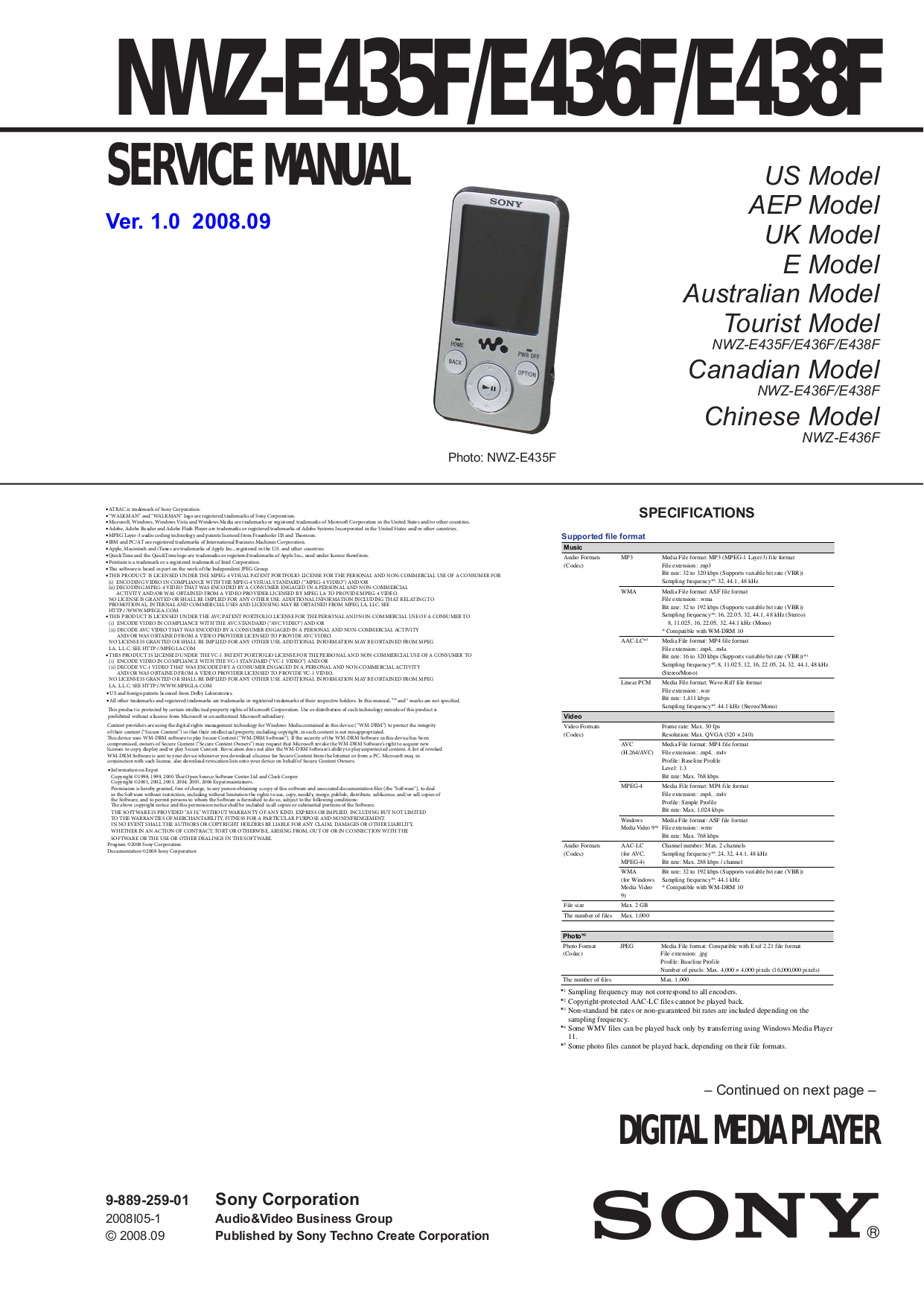 Download free pdf for Sony Walkman NWZE438F MP3 Player manual