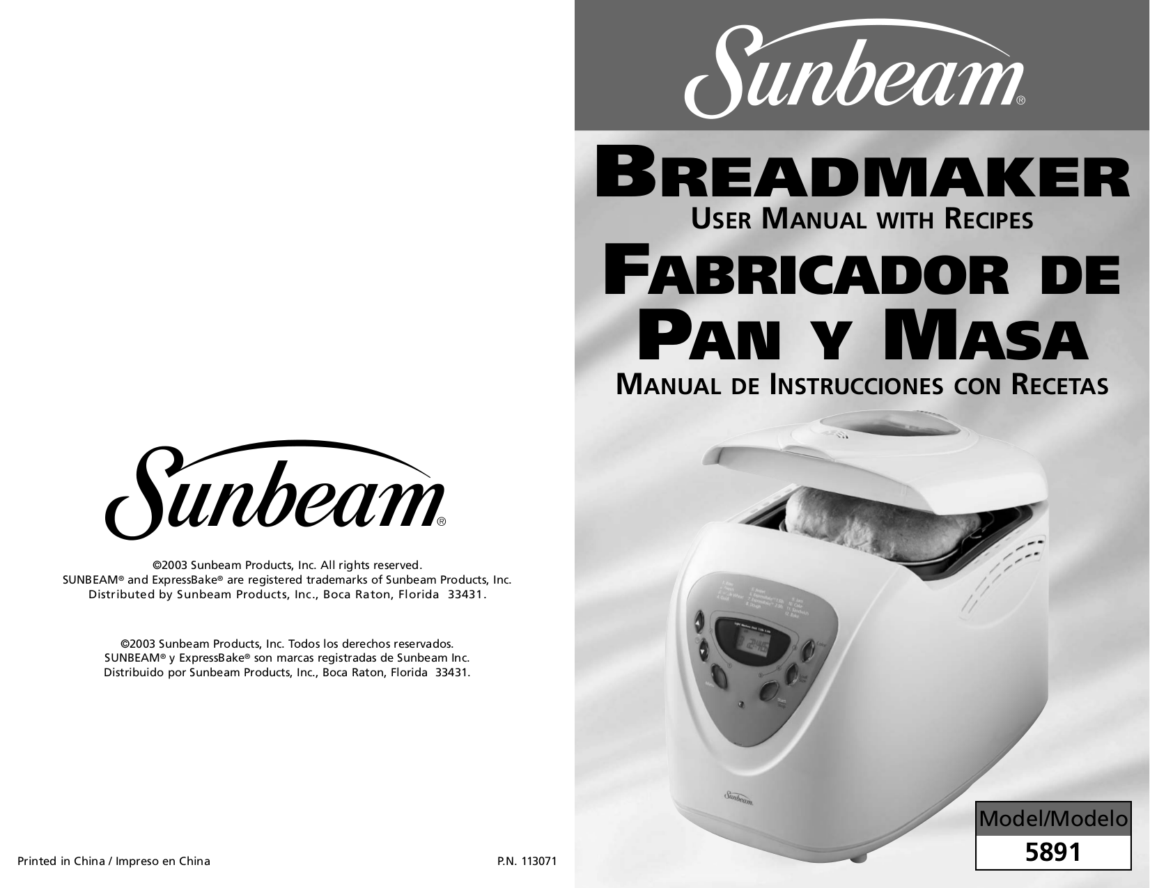 PDF manual for Sunbeam Bread Maker 5891