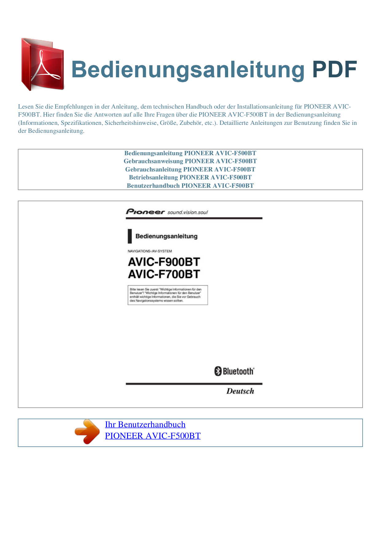 Download free pdf for pioneer avic-f500bt gps manual.