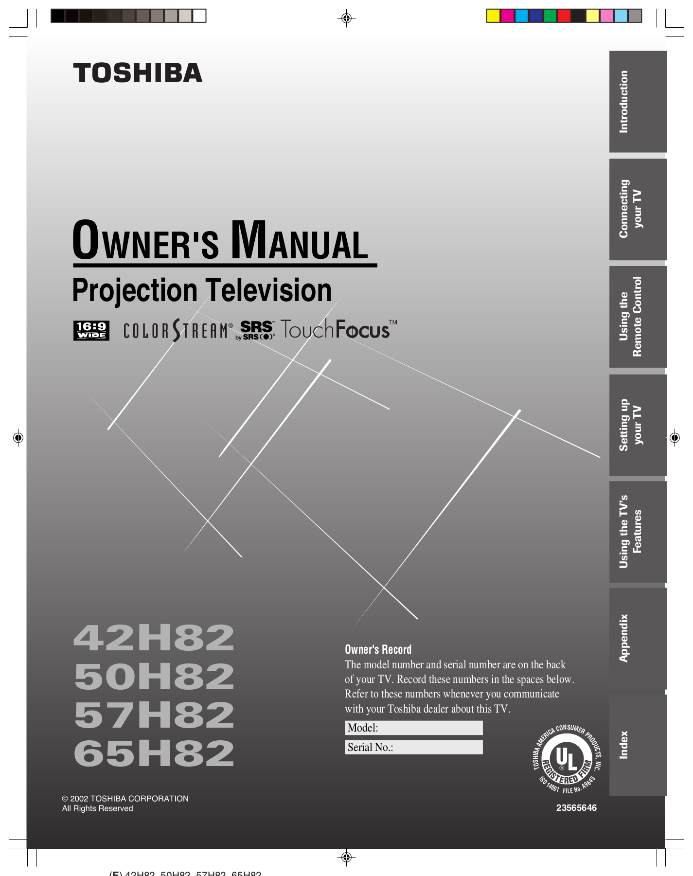 Download free pdf for Toshiba 50H82 TV manual