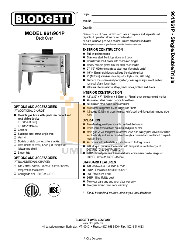 PDF manual for Blodgett Oven 961 SINGLE