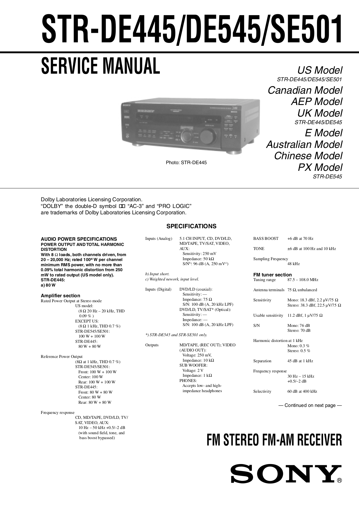 pdf for Sony Receiver STR-DE445 manual