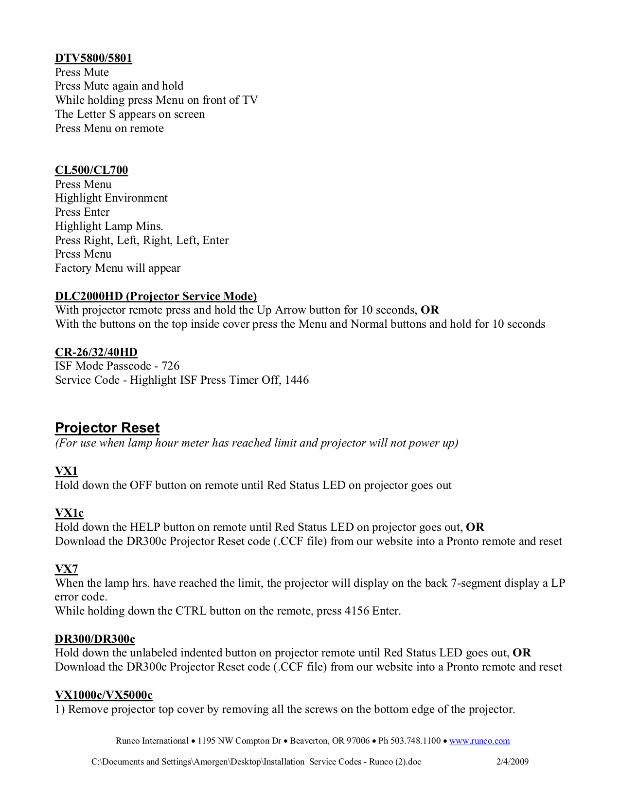 ... Runco Projector RS-1100 pdf page preview ...