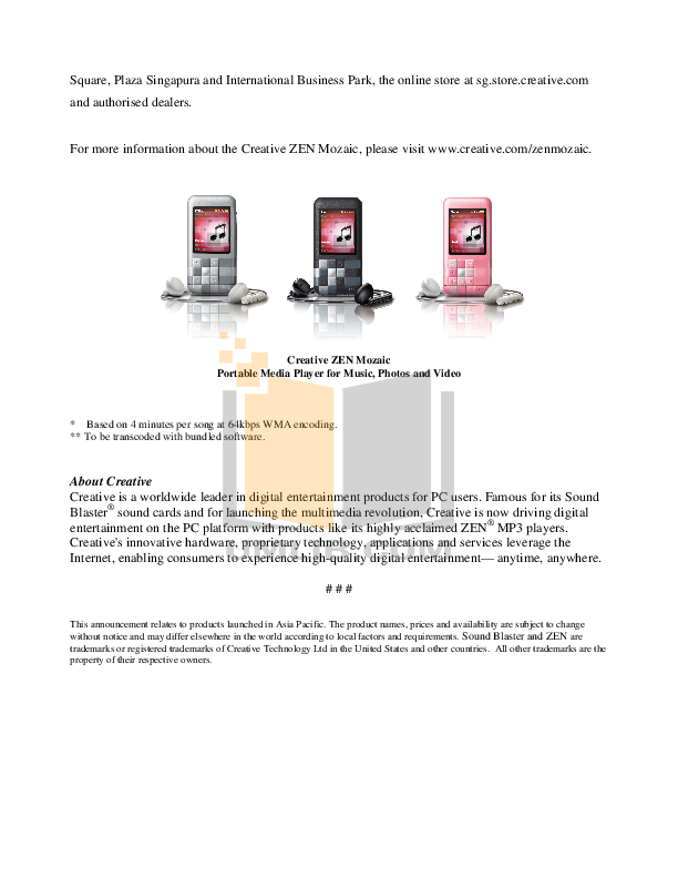 PDF manual for Creative MP3 Player ZEN Zen Mozaic 16GB