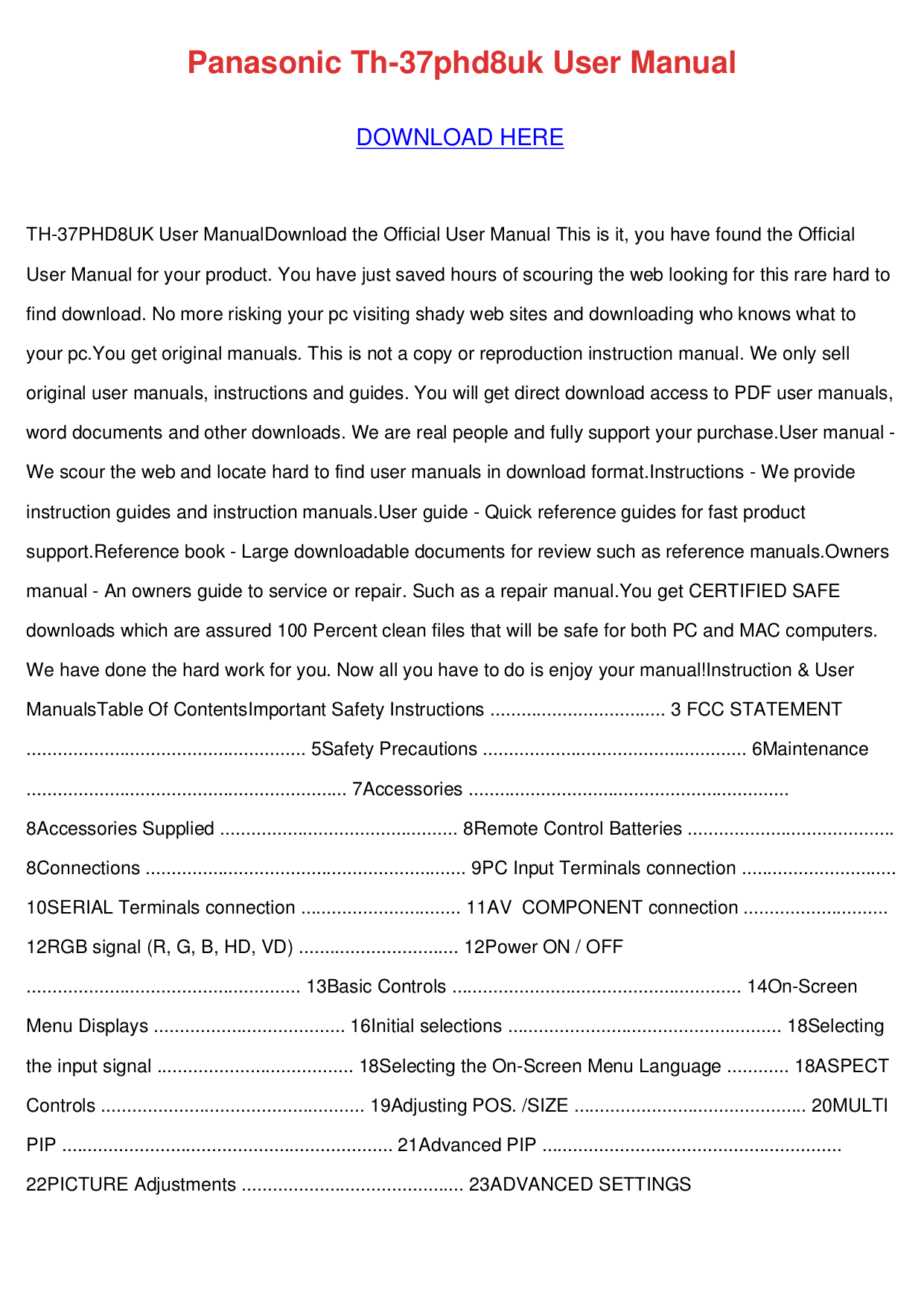 pdf for Panasonic TV Viera TH-50PX75 manual