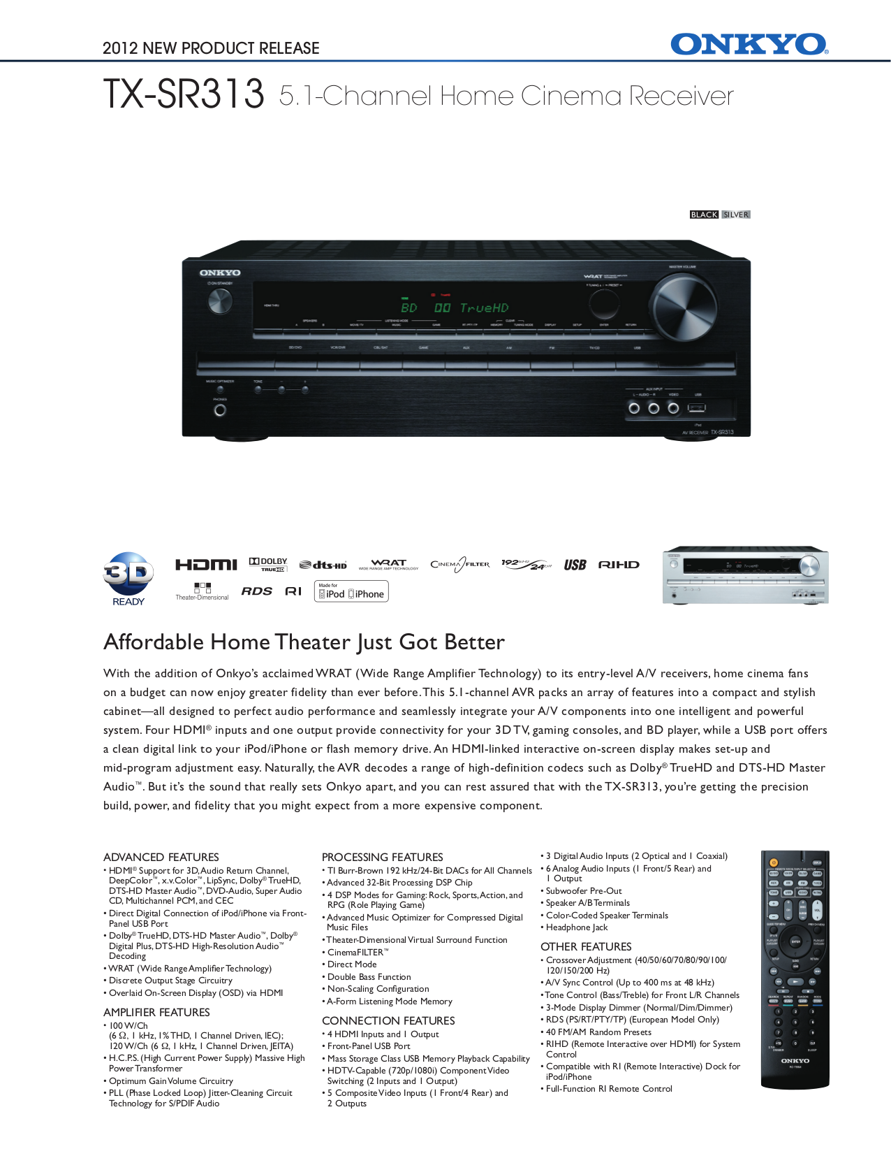 pdf for Onkyo Receiver TX-SR313 manual