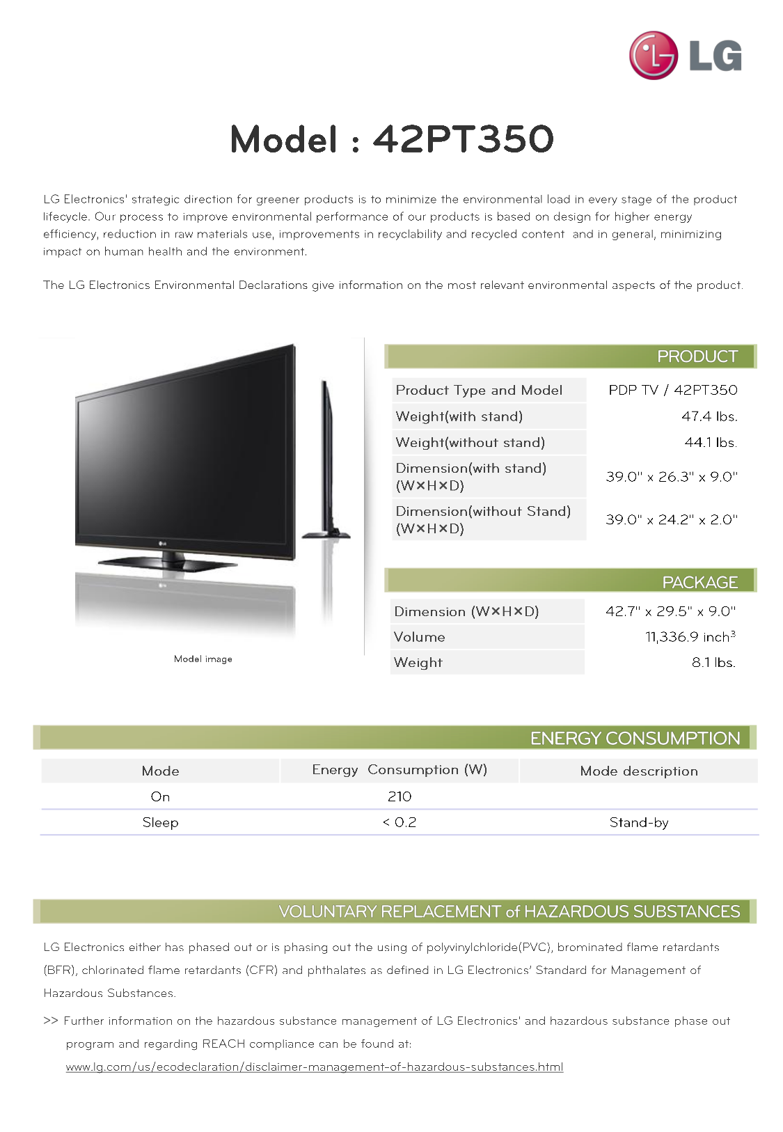 Download free pdf for LG 42PT350 TV manual