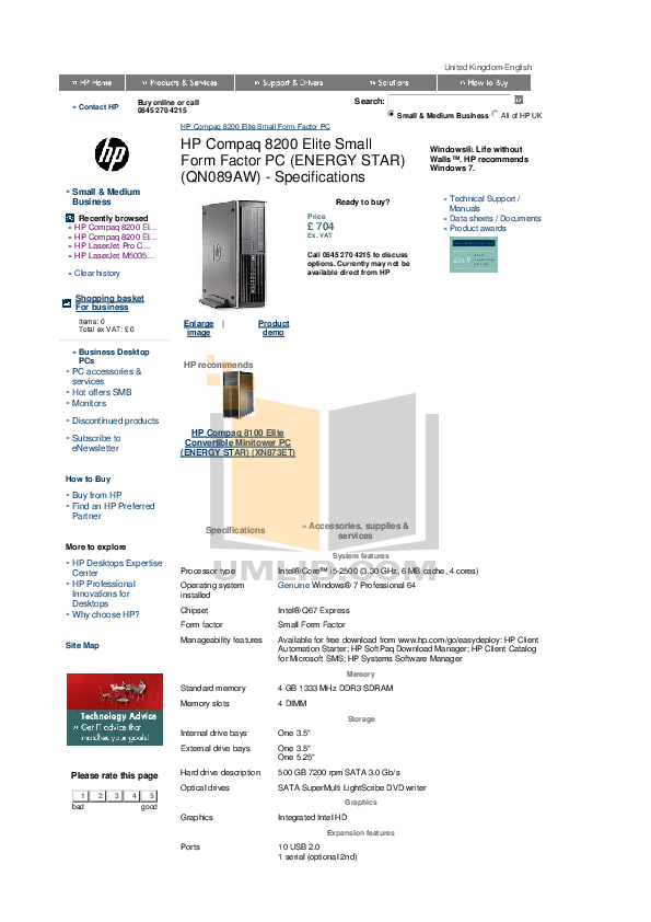 Download free pdf for HP Compaq Elite 8200 SFF Desktop manual