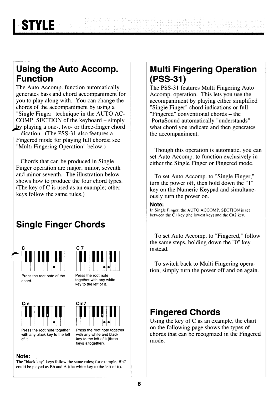 Yamaha Single Finger Chord Chart