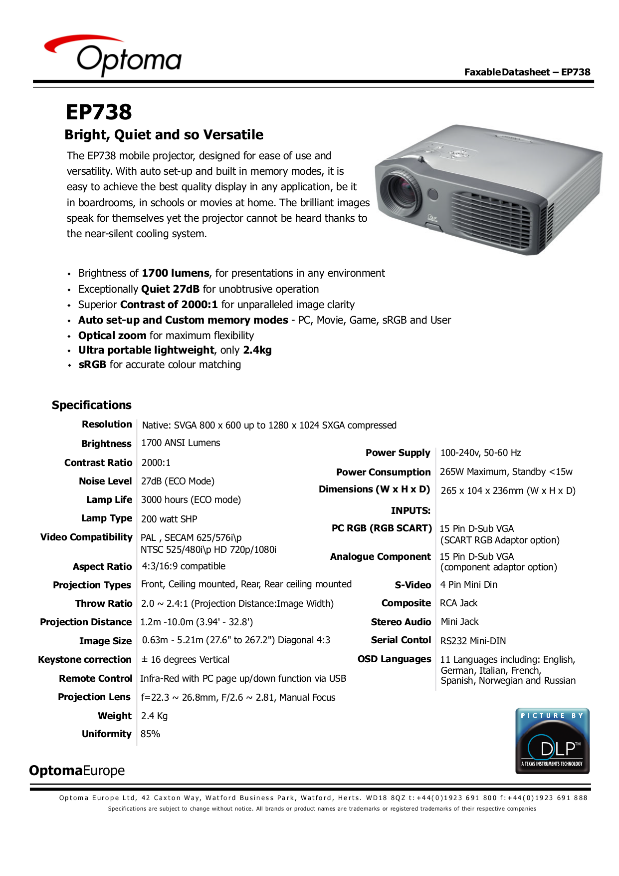 Download free pdf for Optoma EP738 Projector manual