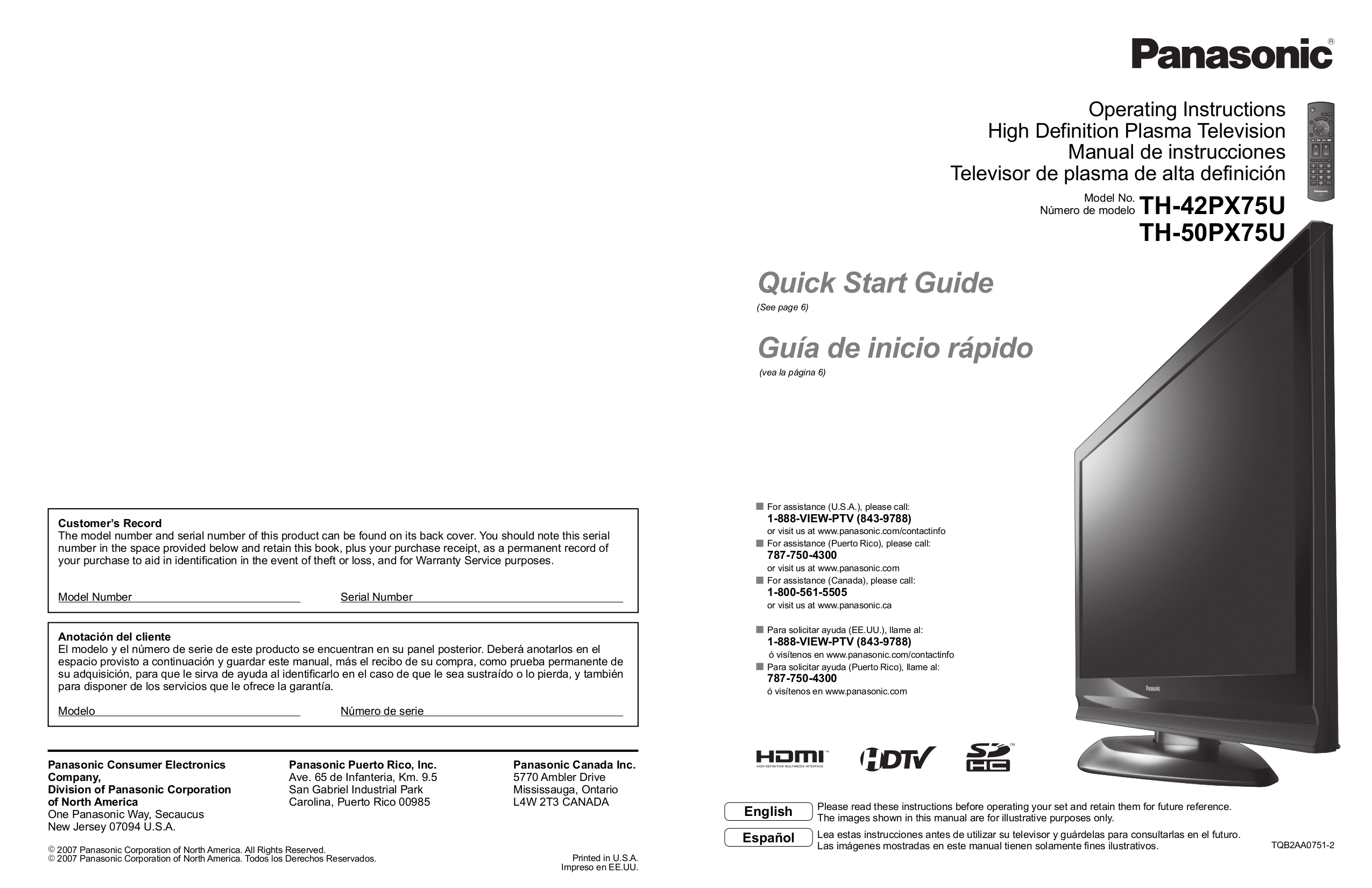 pdf for Panasonic TV Viera TH-42PX75 manual