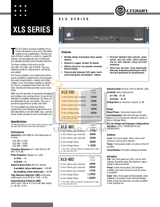 Download free pdf for Crown XLS 402 Amp manual