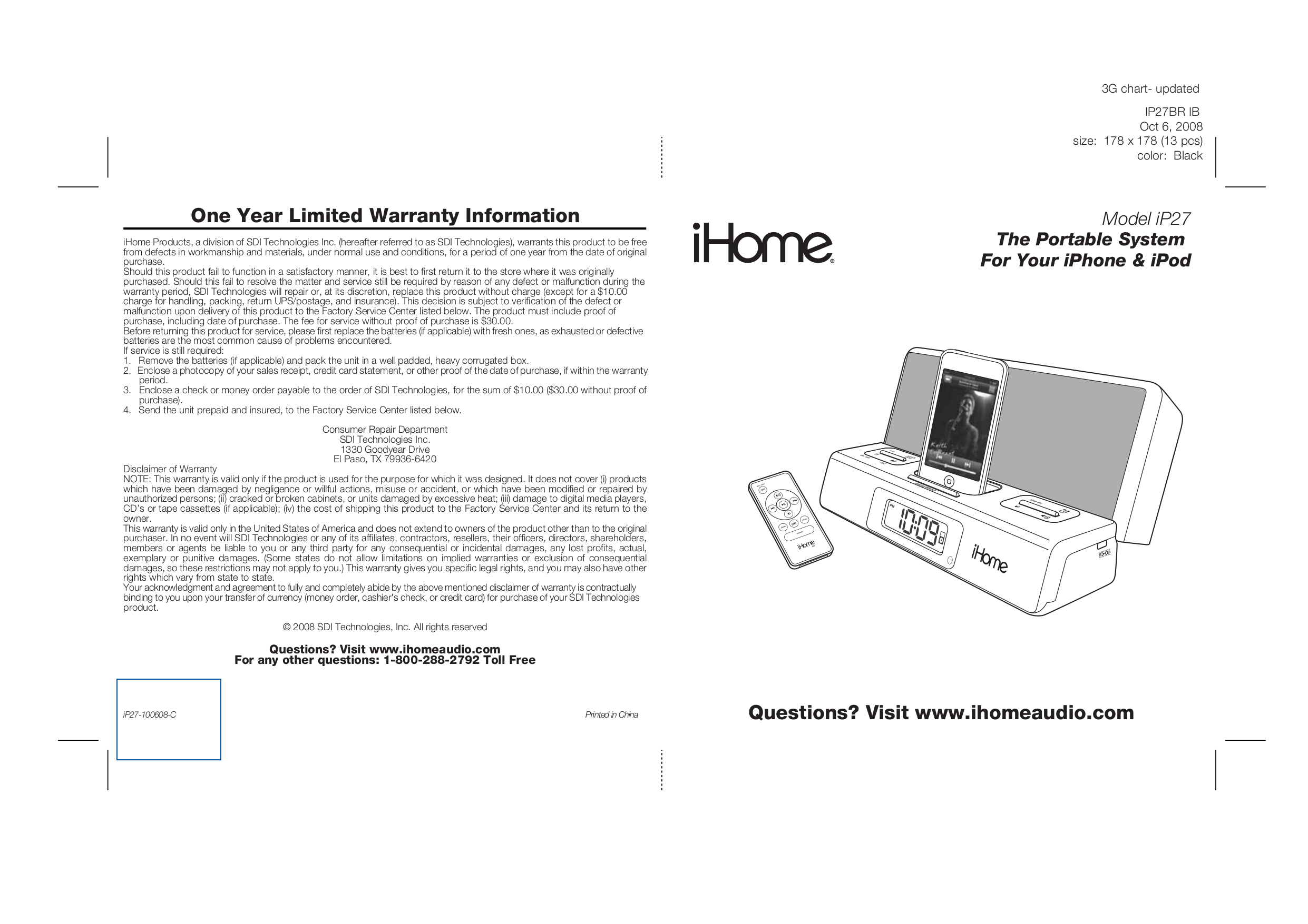pdf for iHome Clock Radio iP27 manual