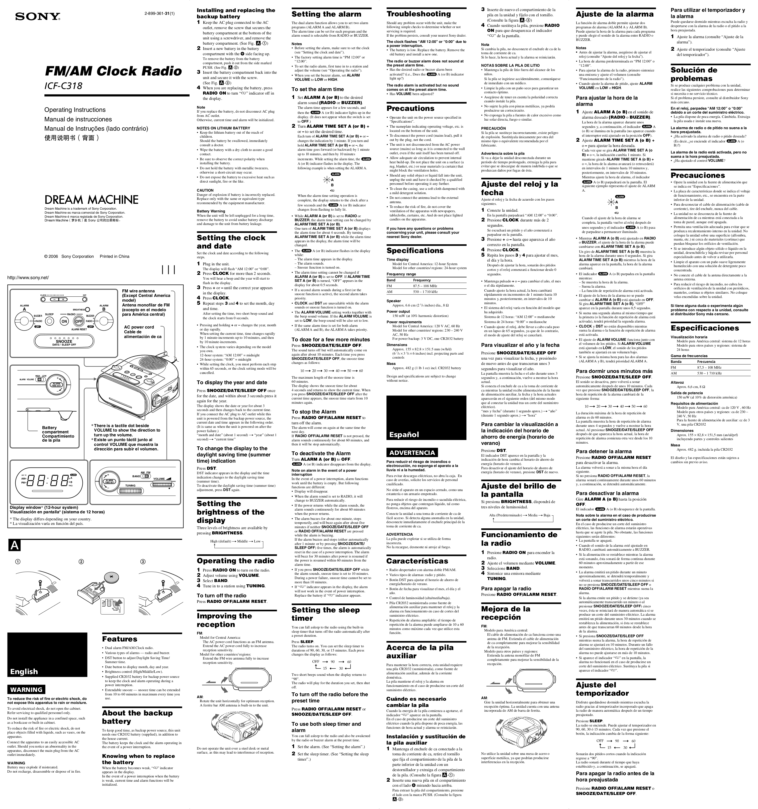 pdf for Sony Clock Radio ICF-C318 manual