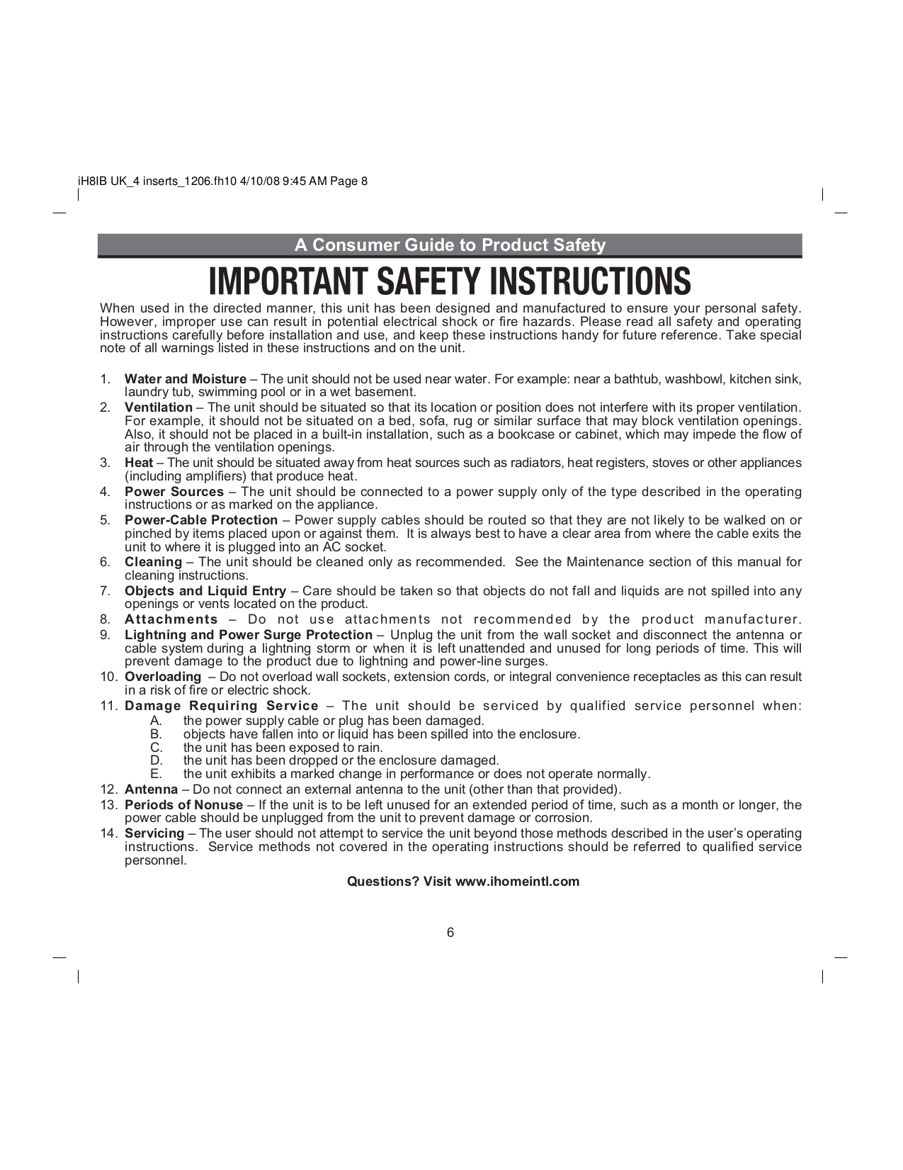 ... iHome Speaker iH8 pdf page preview
