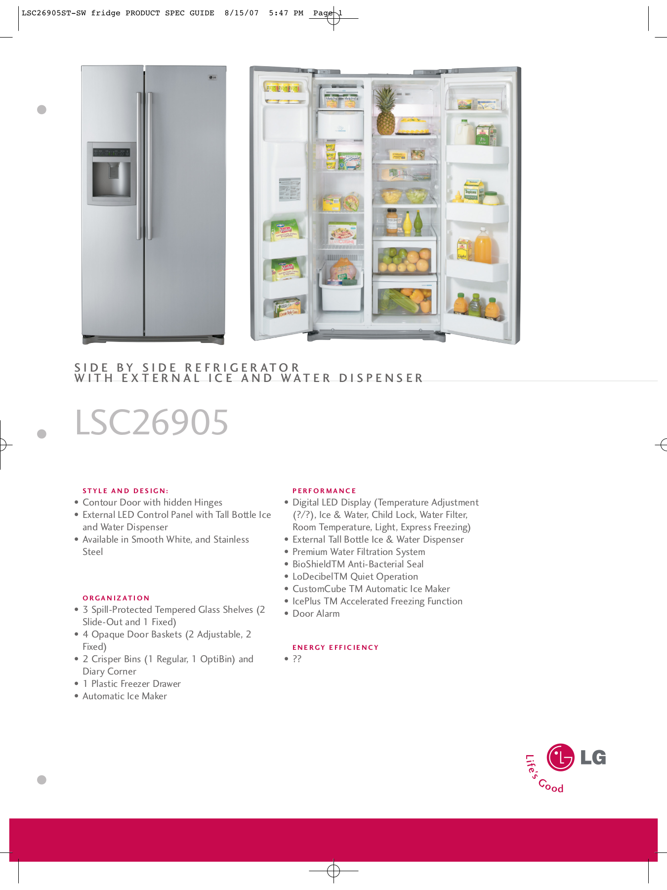 Download free pdf for LG LSC26905 Refrigerator manual