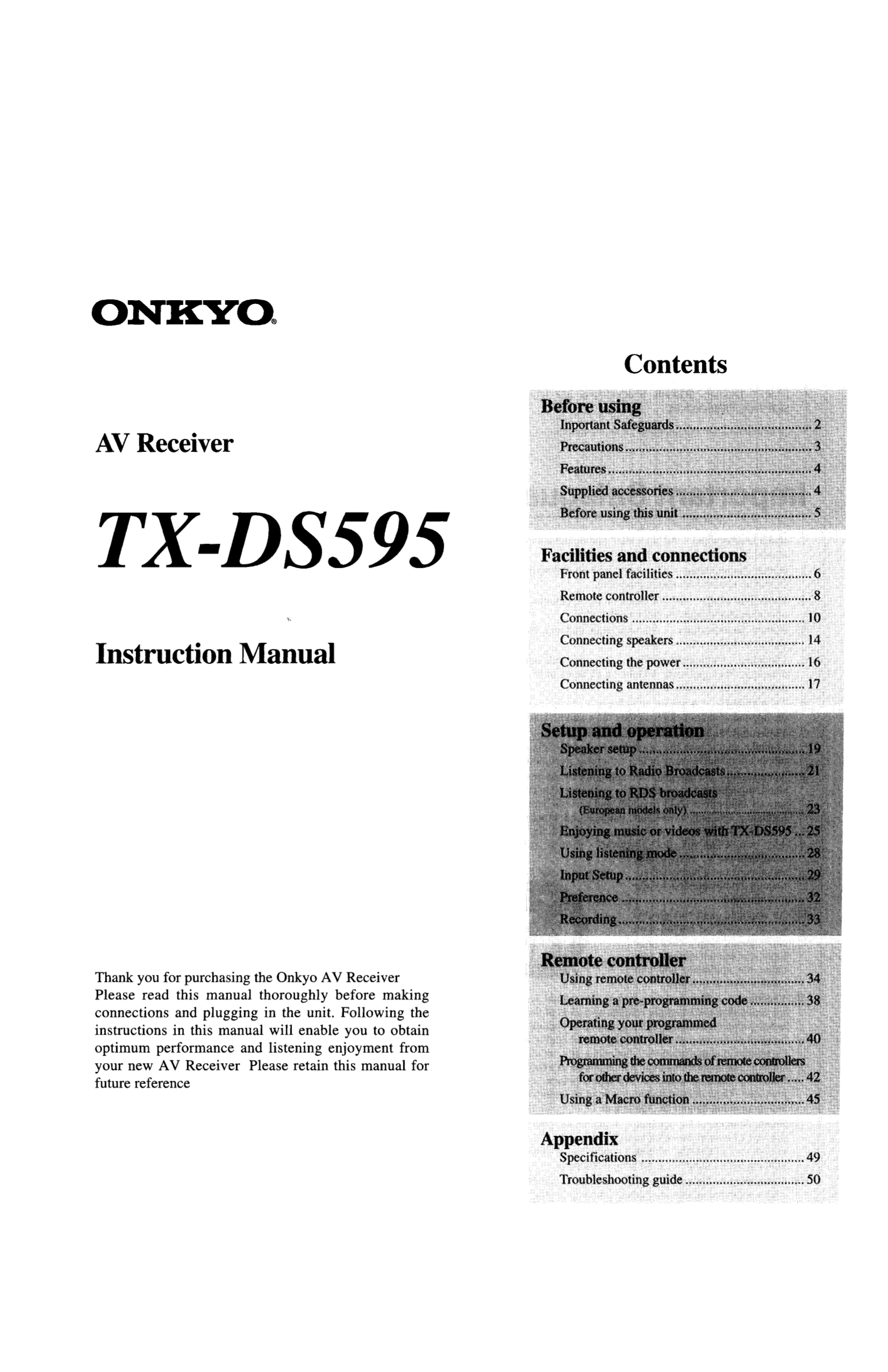 pdf for Onkyo Receiver TX-DS595 manual