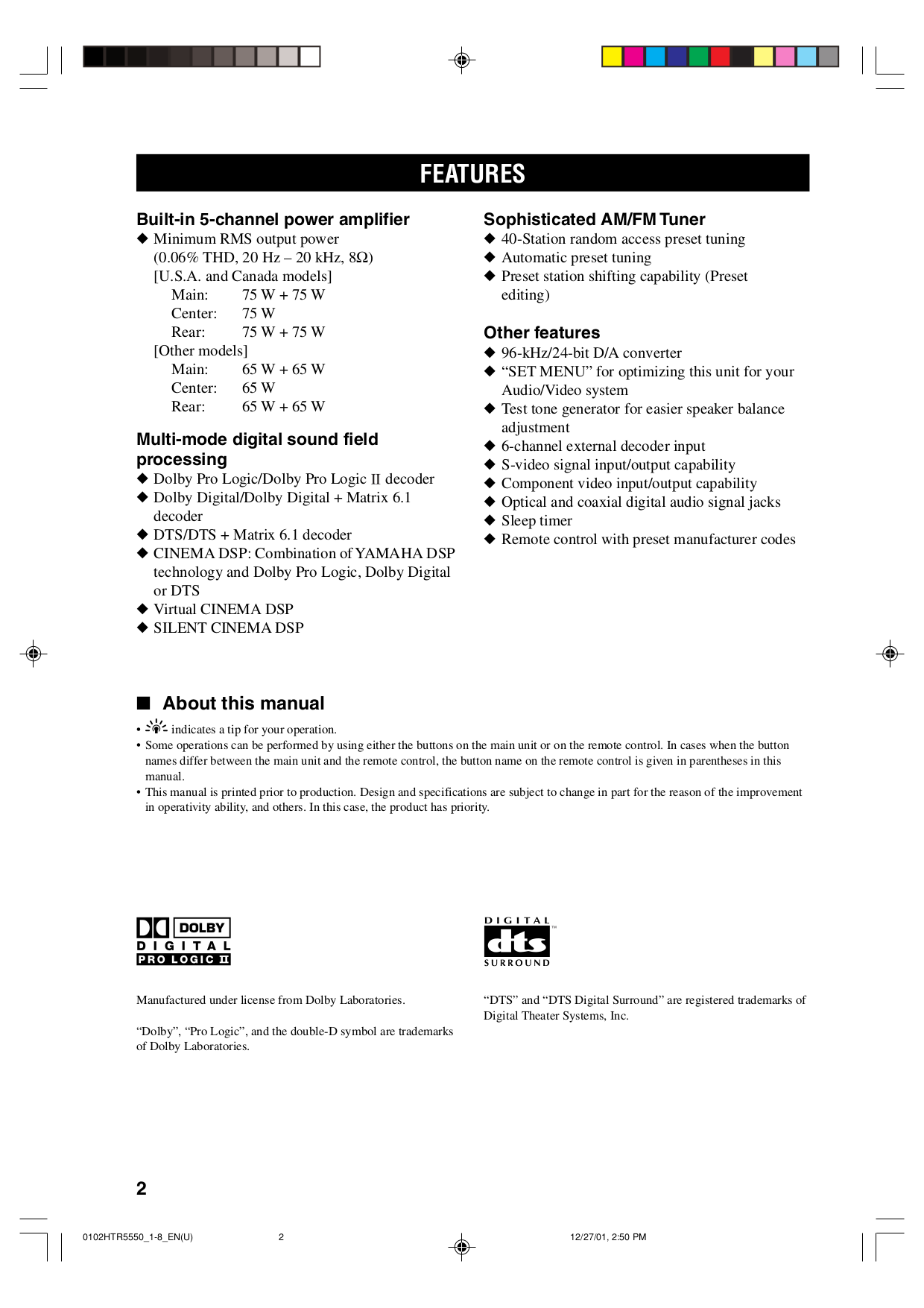 PDF manual for Yamaha Receiver HTR-5550